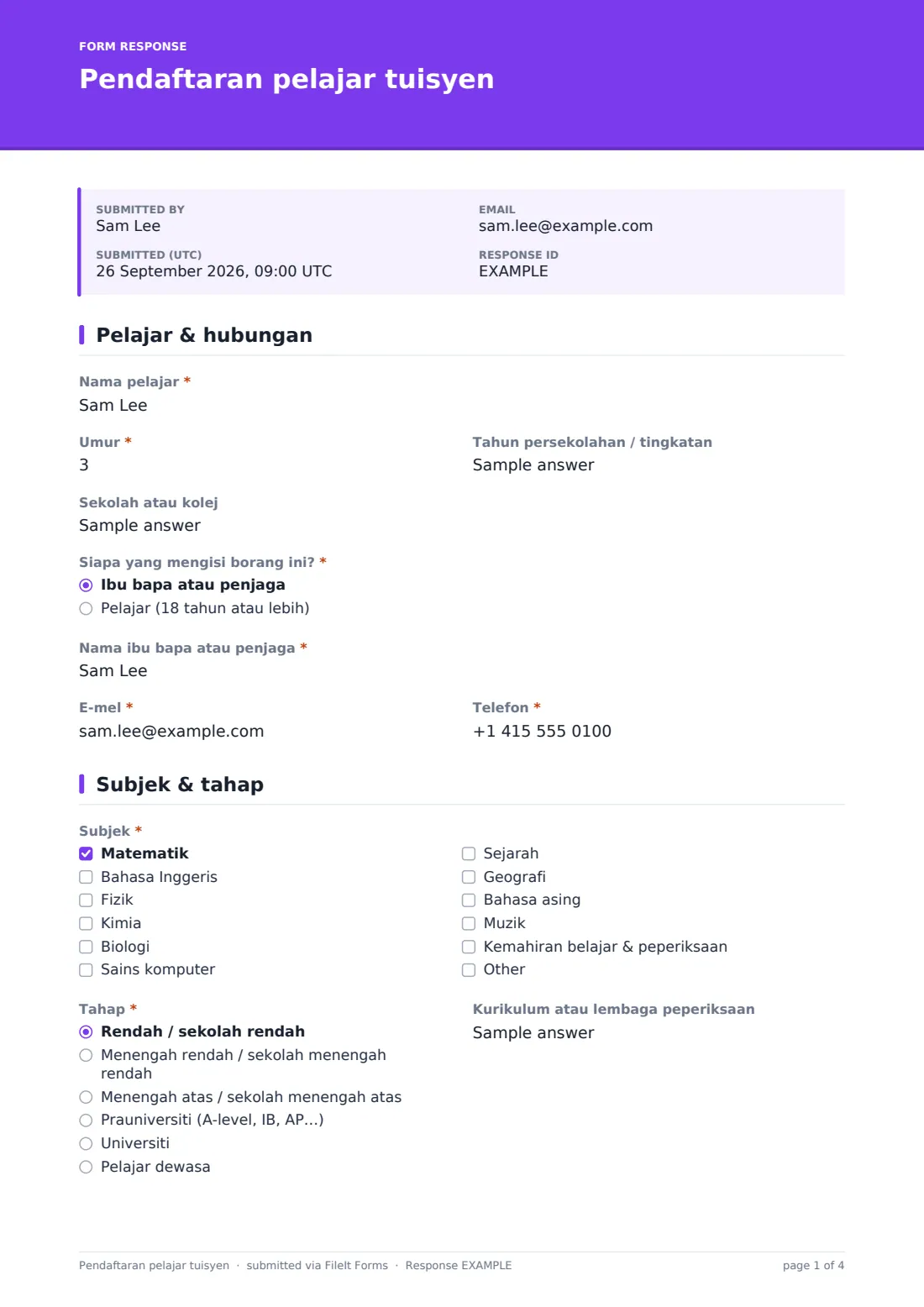 Pendaftaran pelajar tuisyen — PDF respons contoh, halaman 1 daripada 4
