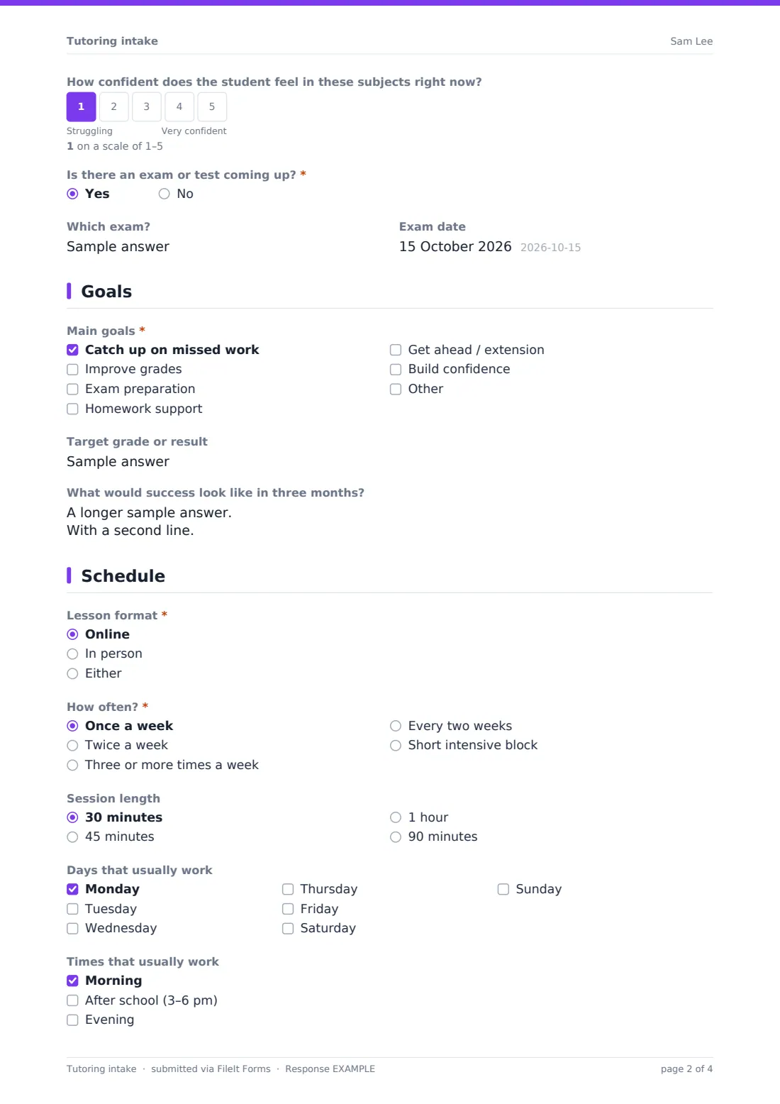 Tutoring intake — example response PDF, page 2 of 4