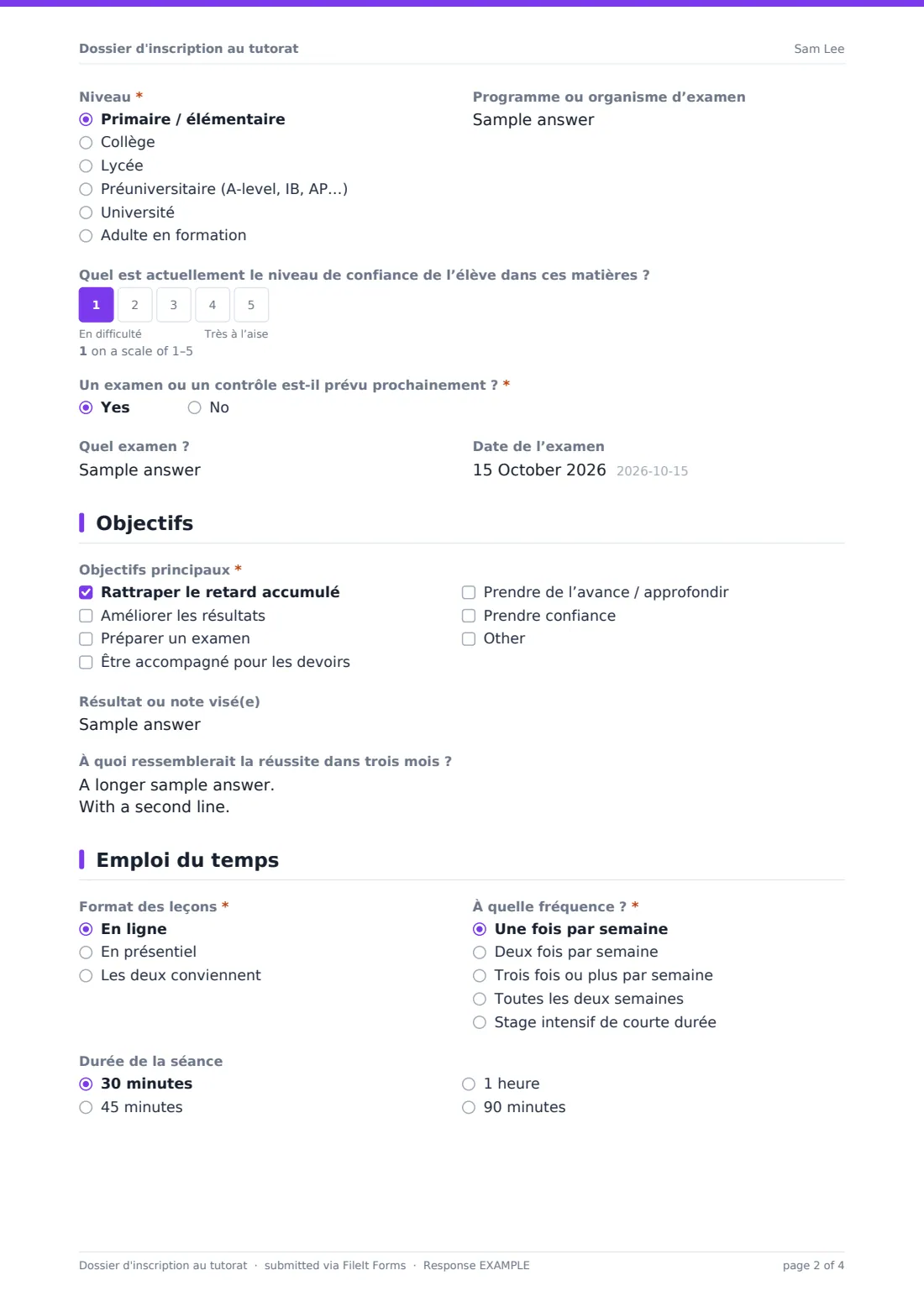 Dossier d'inscription au tutorat — exemple de réponse au format PDF, page 2 sur 4