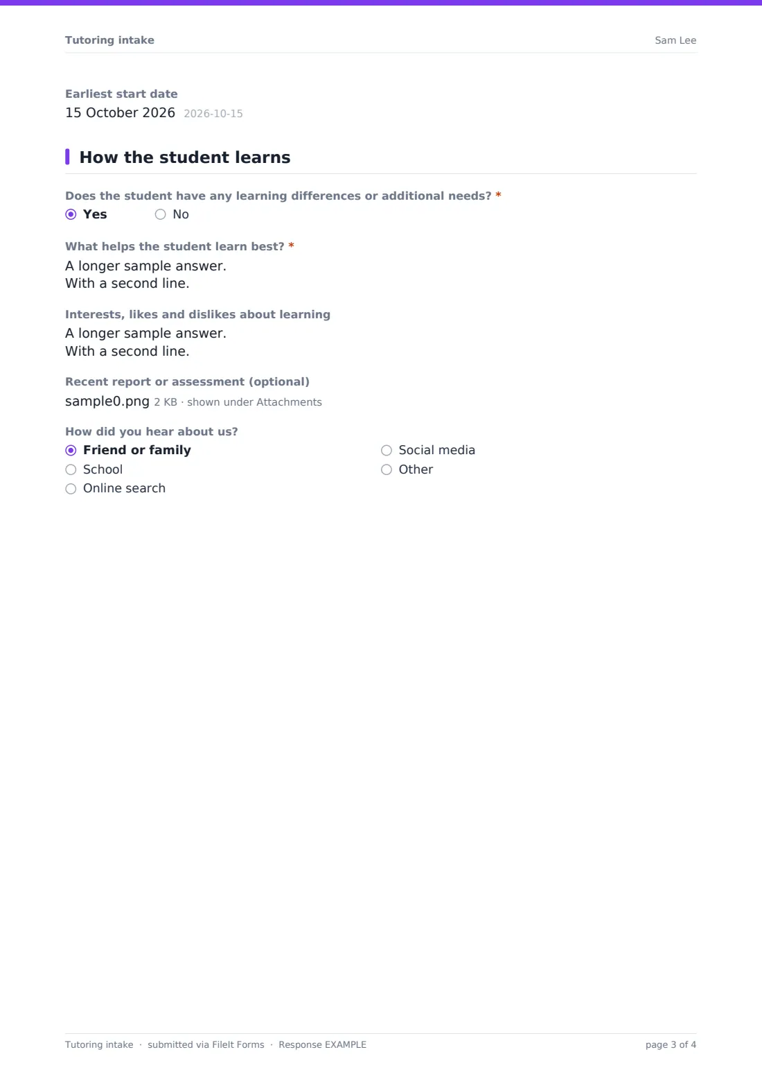 Tutoring intake — example response PDF, page 3 of 4