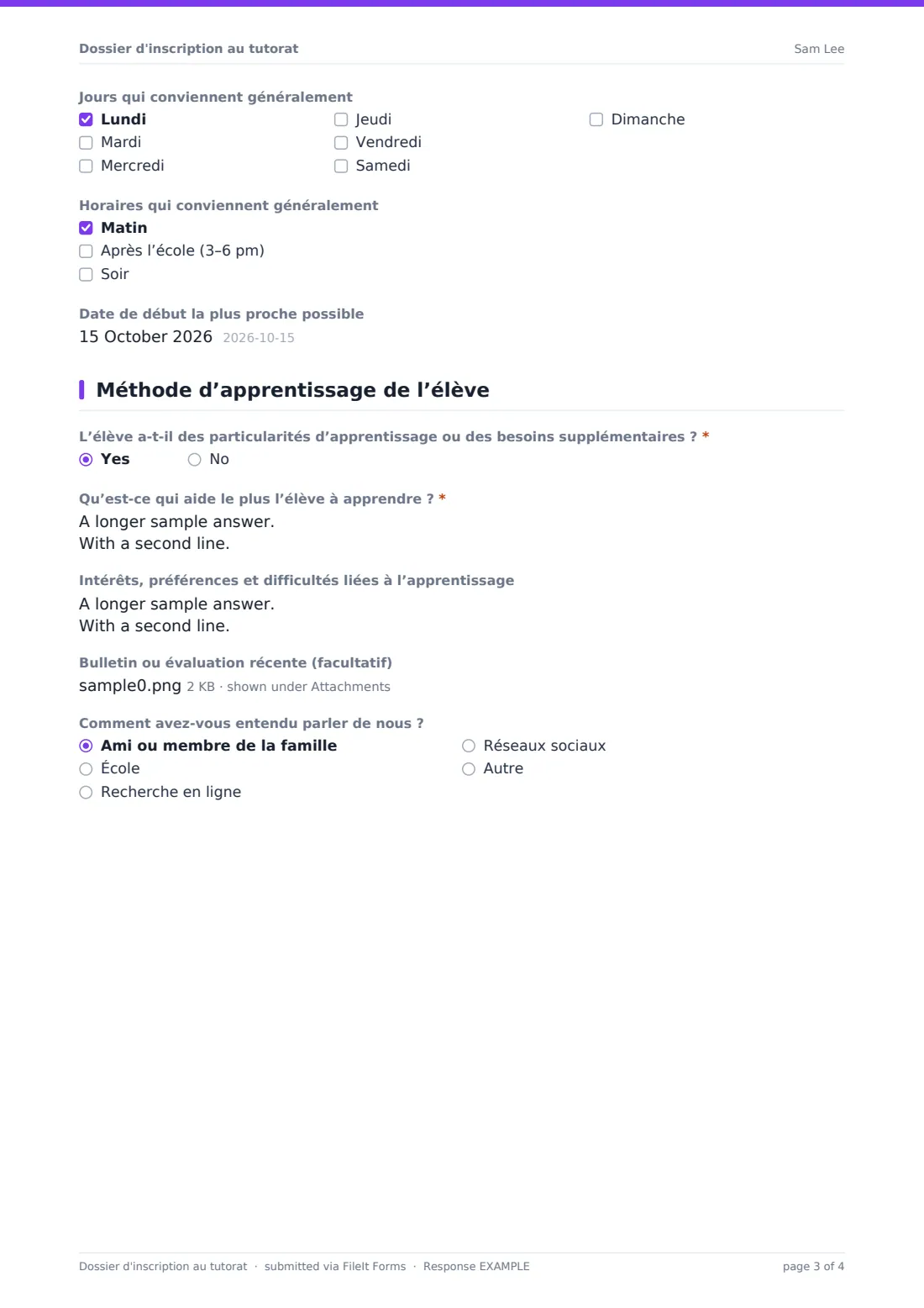 Dossier d'inscription au tutorat — exemple de réponse au format PDF, page 3 sur 4