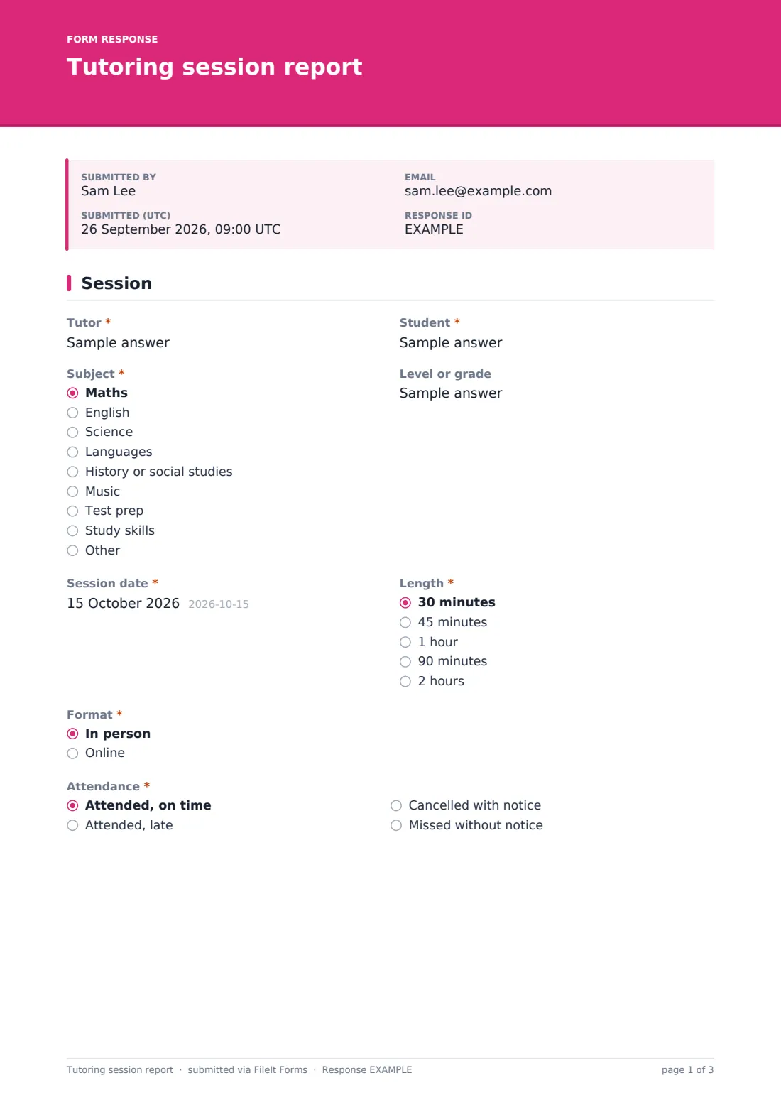 Tutoring session report — example response PDF, page 1 of 3