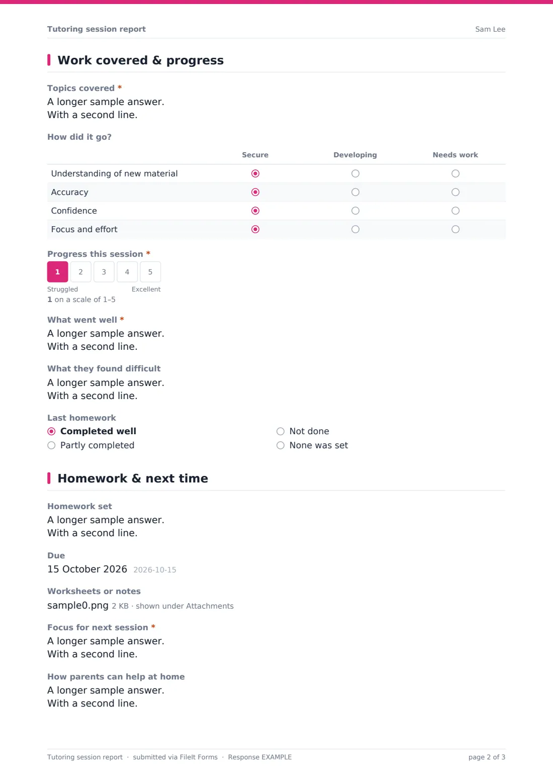 Tutoring session report — example response PDF, page 2 of 3