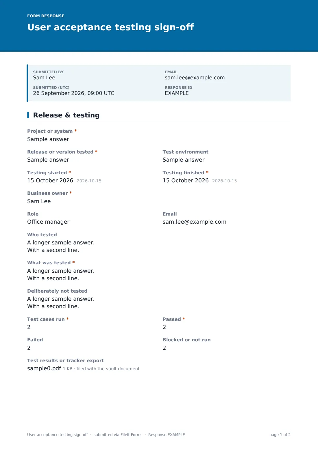User acceptance testing sign-off — example response PDF, page 1 of 2