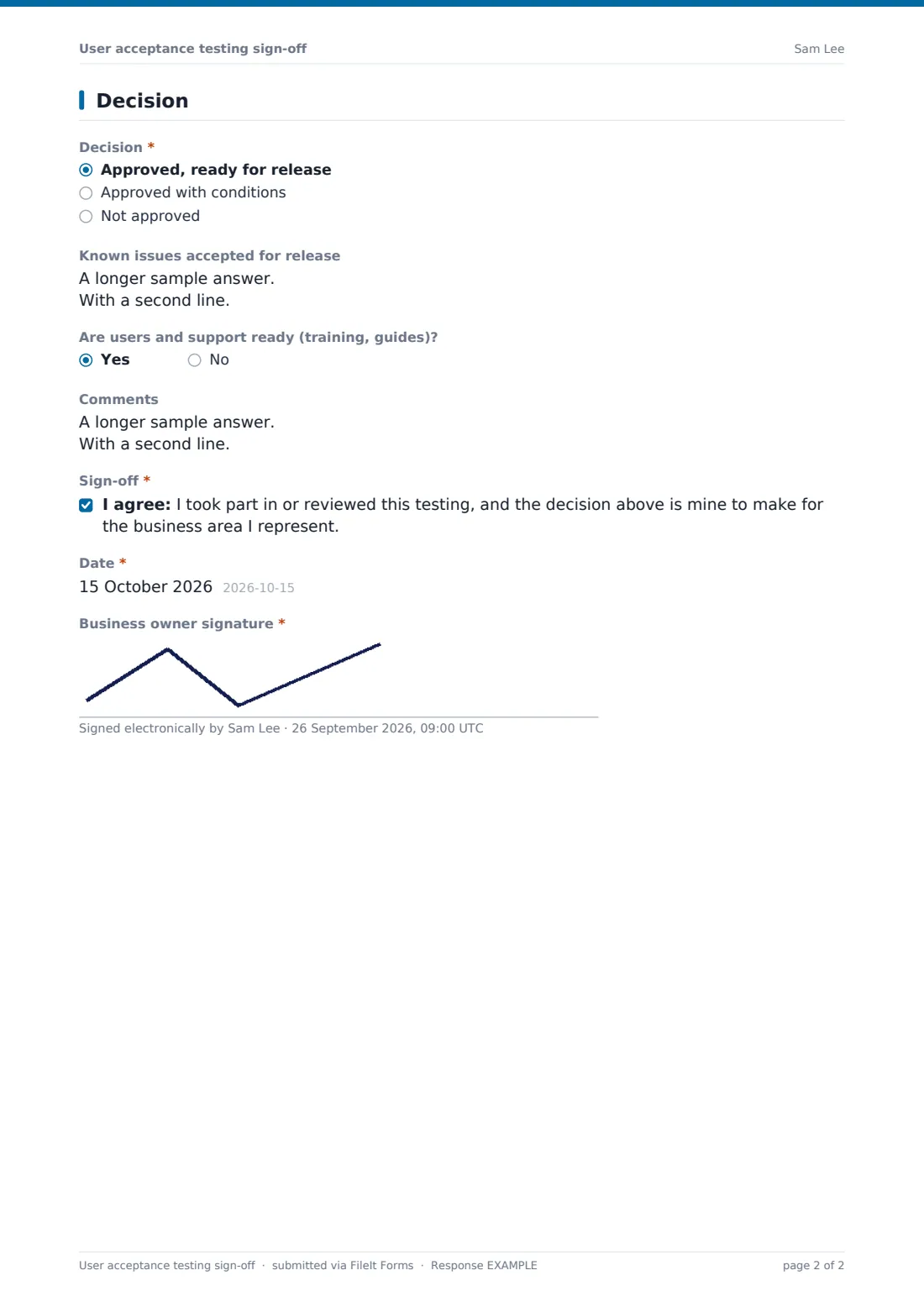 User acceptance testing sign-off — example response PDF, page 2 of 2