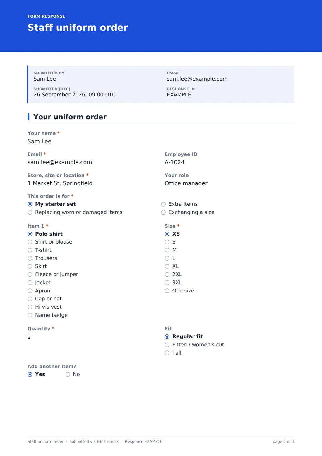 Staff uniform order — example response PDF, page 1 of 3