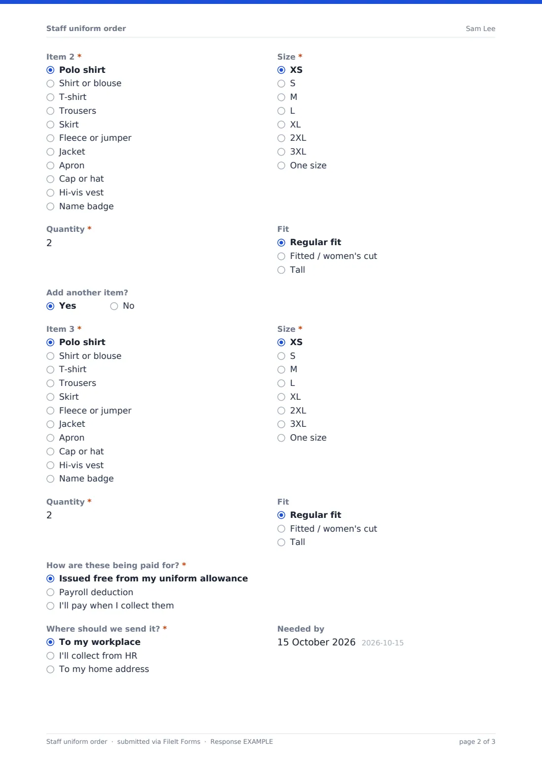 Staff uniform order — example response PDF, page 2 of 3
