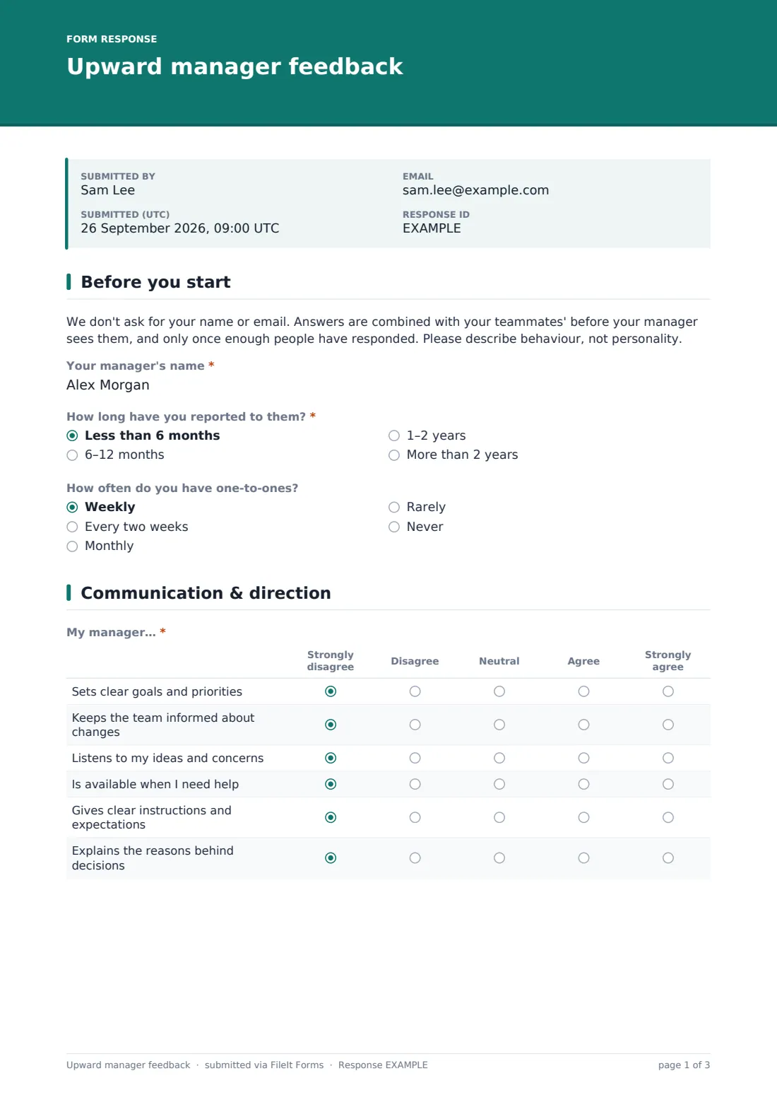 Upward manager feedback — example response PDF, page 1 of 3