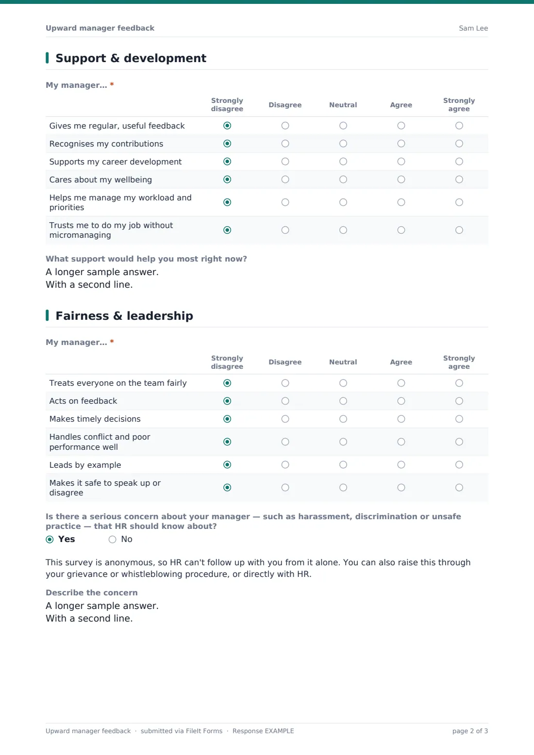 Upward manager feedback — example response PDF, page 2 of 3
