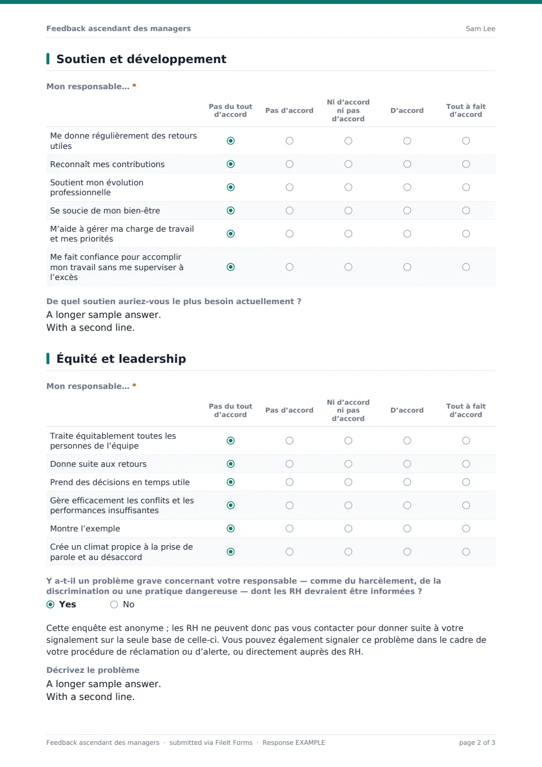 Feedback ascendant des managers — exemple de réponse au format PDF, page 2 sur 3
