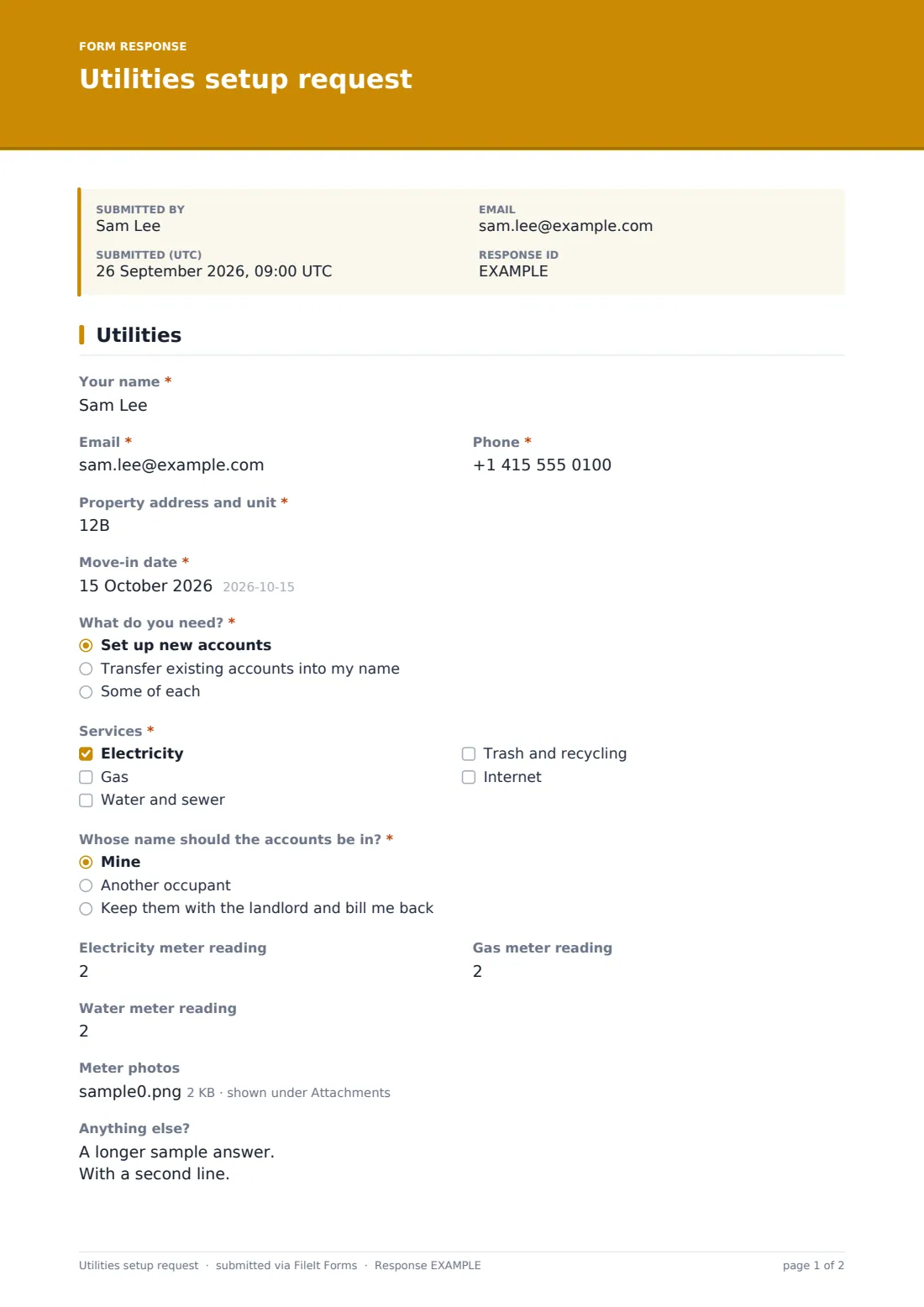 Utilities setup request — example response PDF, page 1 of 2