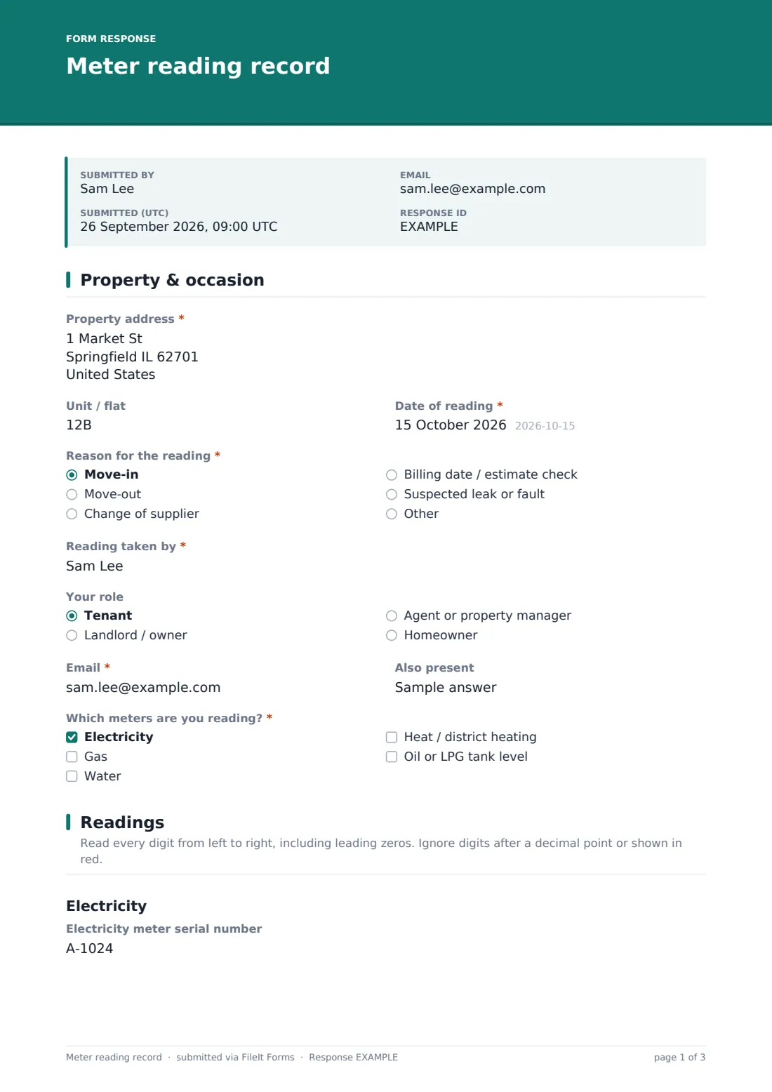 Meter reading record — example response PDF, page 1 of 3
