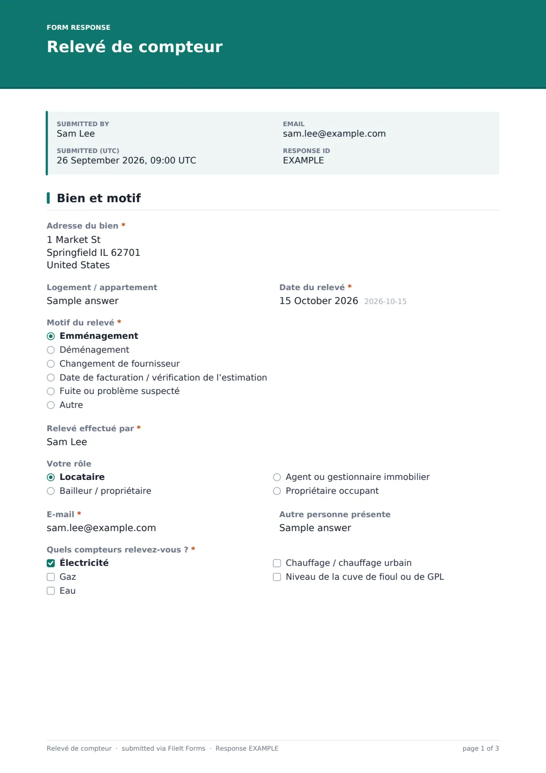 Relevé de compteur — exemple de réponse au format PDF, page 1 sur 3