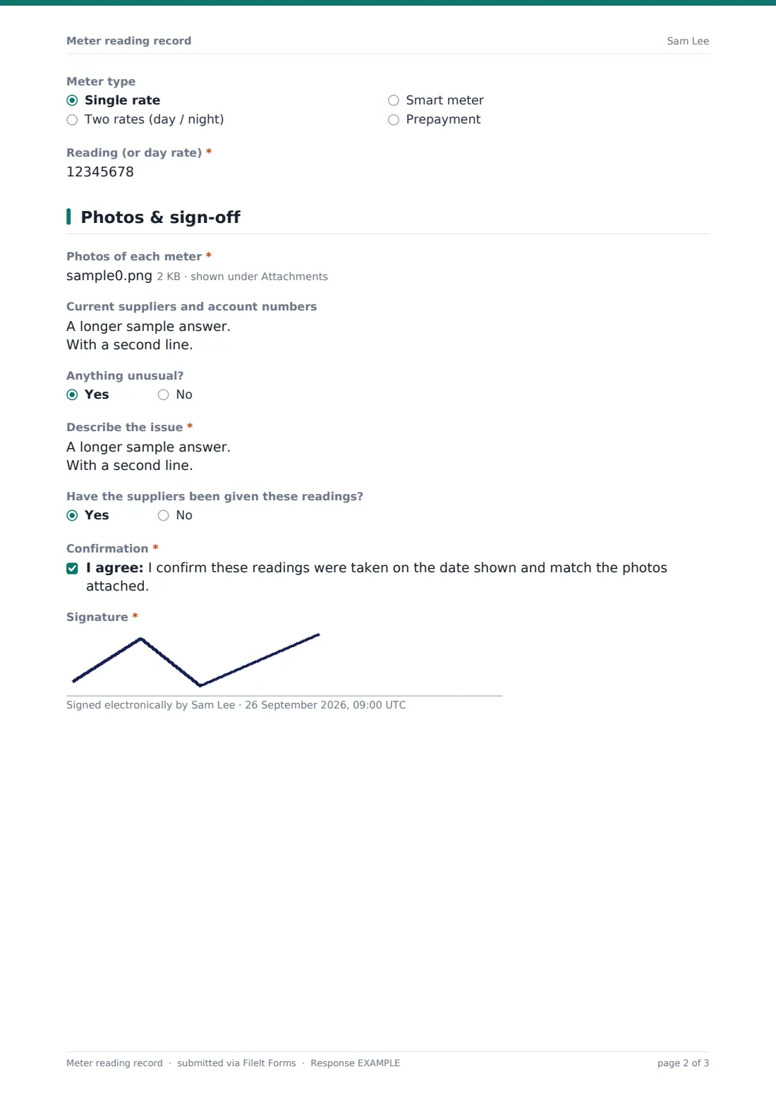 Meter reading record — example response PDF, page 2 of 3