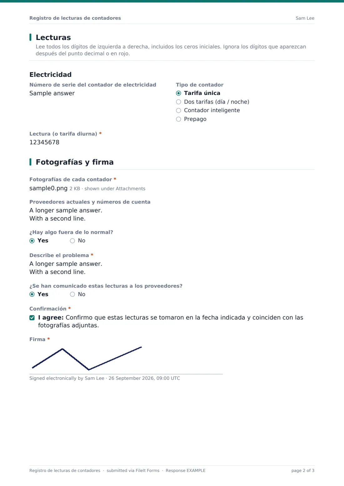 Registro de lecturas de contadores — PDF de respuesta de ejemplo, página 2 de 3