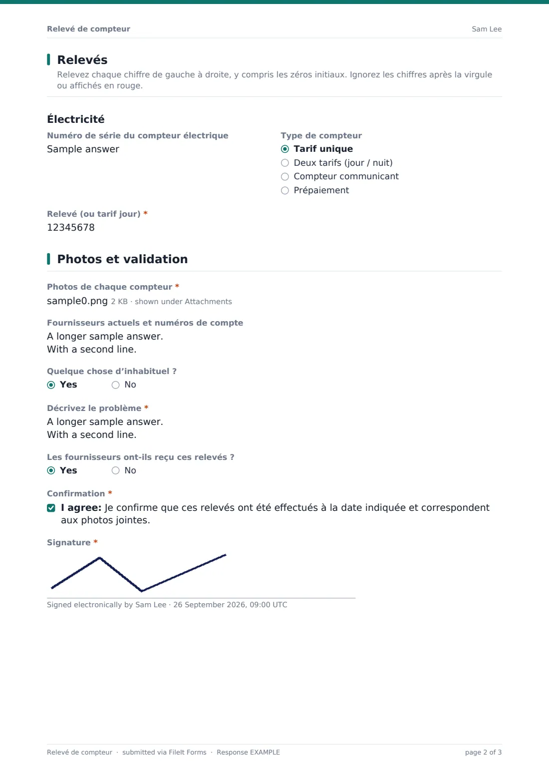 Relevé de compteur — exemple de réponse au format PDF, page 2 sur 3