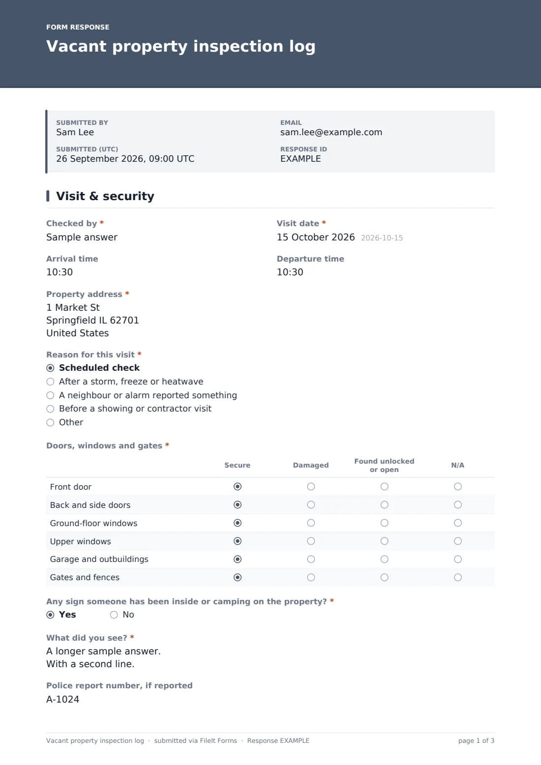 Vacant property inspection log — example response PDF, page 1 of 3
