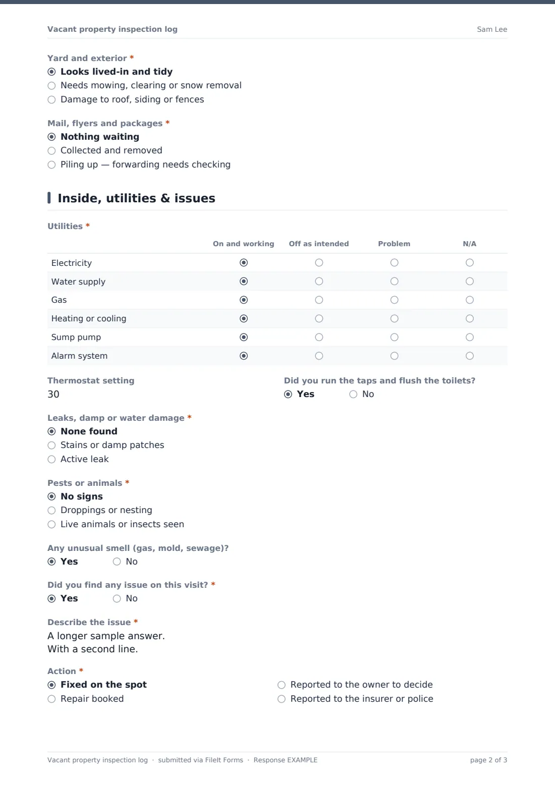 Vacant property inspection log — example response PDF, page 2 of 3