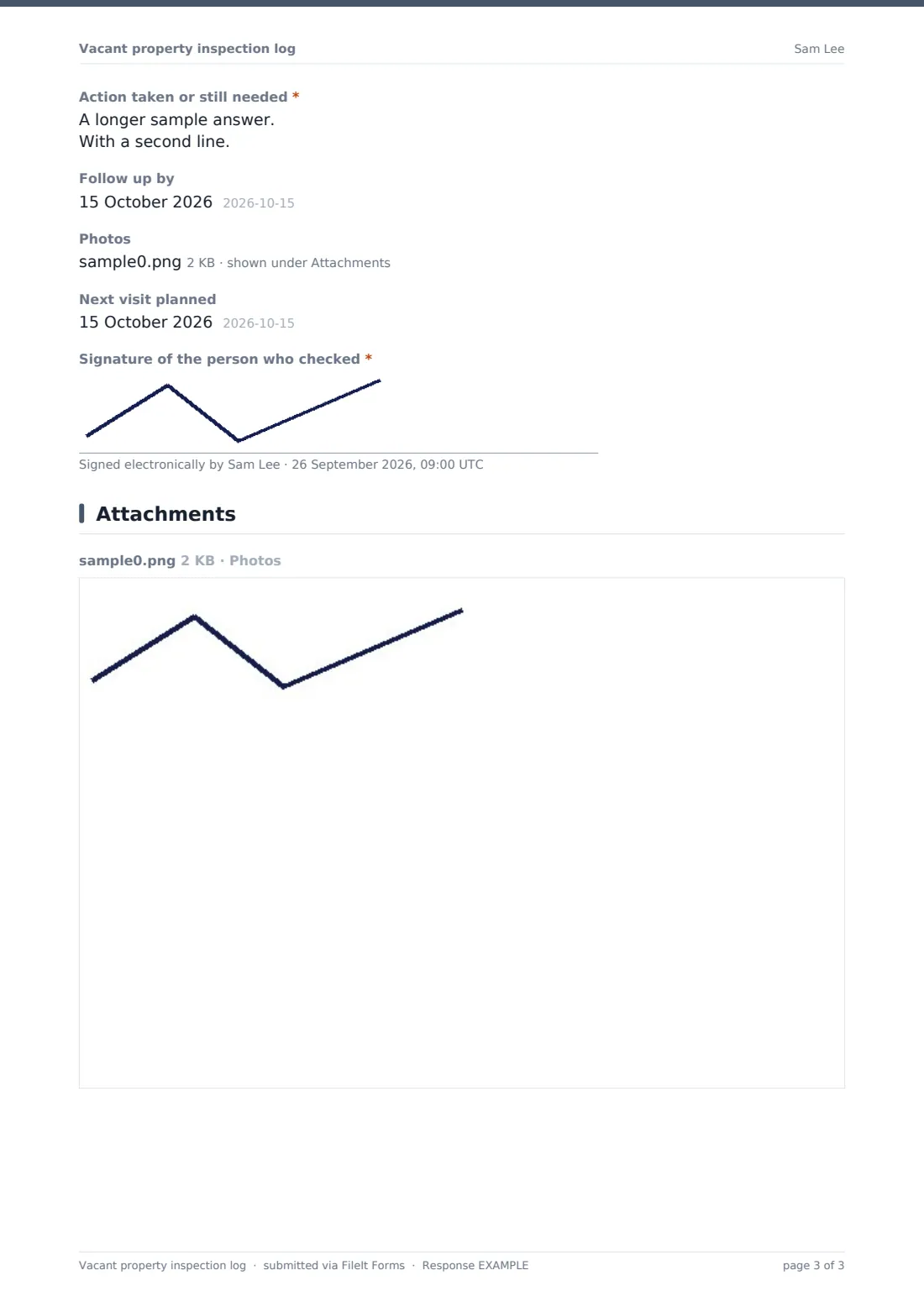 Vacant property inspection log — example response PDF, page 3 of 3