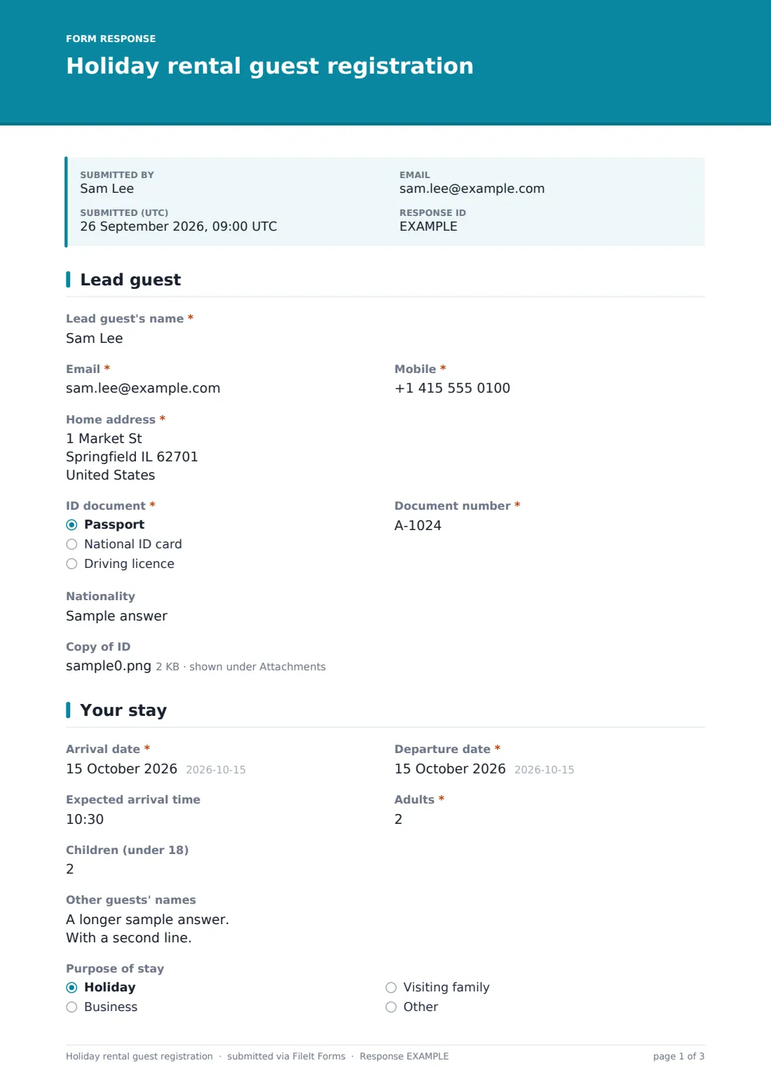Holiday rental guest registration — example response PDF, page 1 of 3