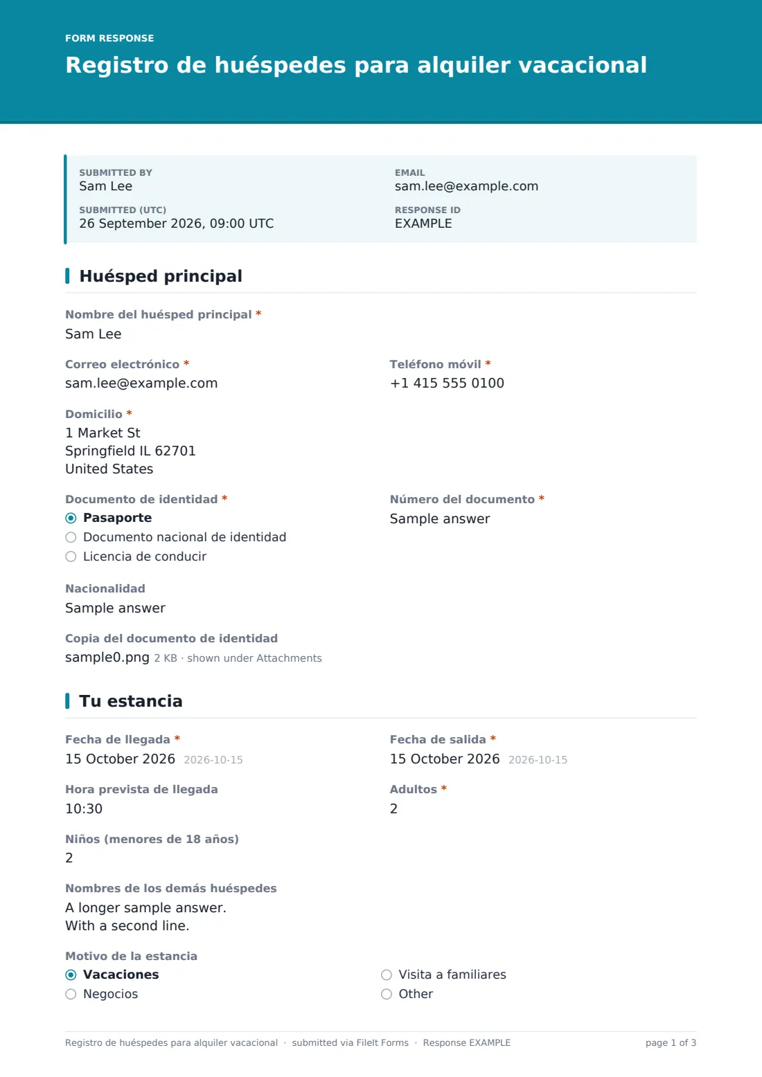 Registro de huéspedes para alquiler vacacional — PDF de respuesta de ejemplo, página 1 de 3