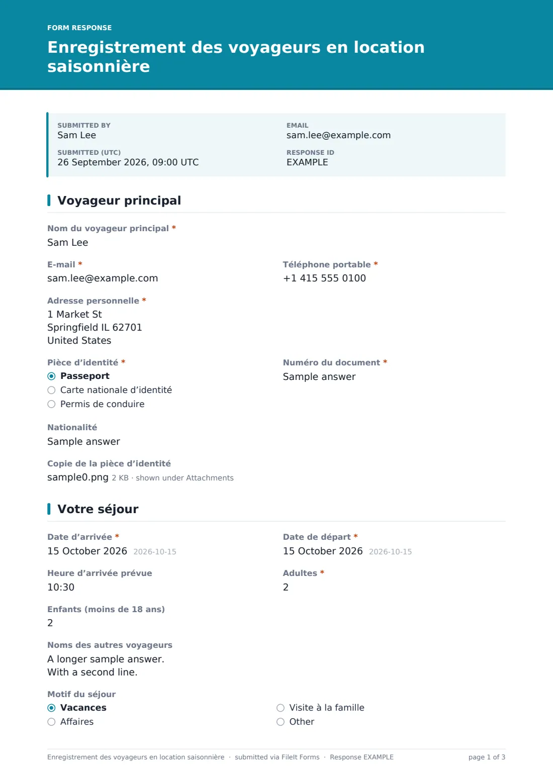 Enregistrement des voyageurs en location saisonnière — exemple de réponse au format PDF, page 1 sur 3