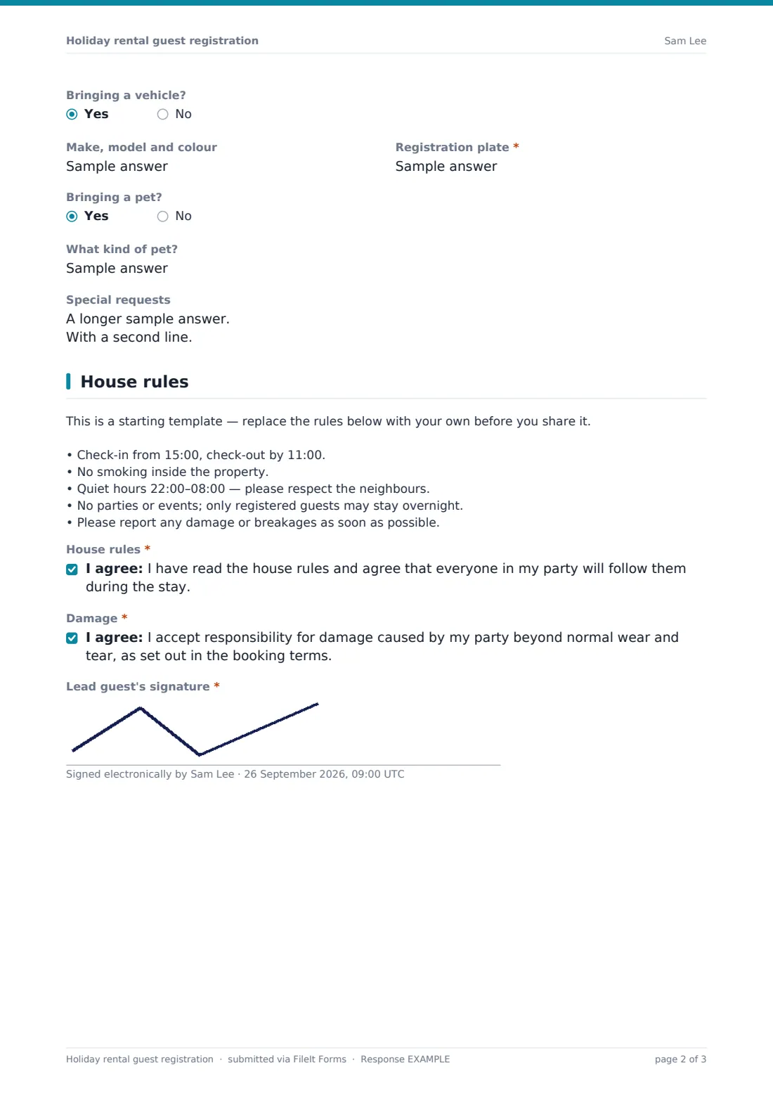 Holiday rental guest registration — example response PDF, page 2 of 3
