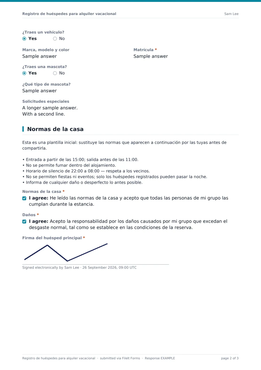 Registro de huéspedes para alquiler vacacional — PDF de respuesta de ejemplo, página 2 de 3