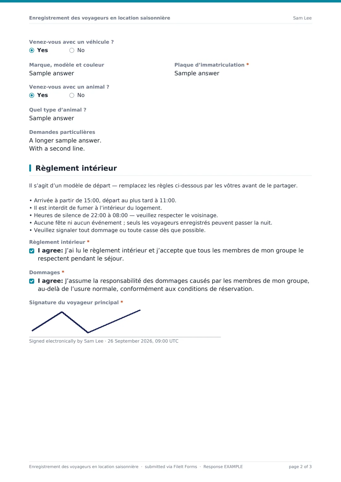 Enregistrement des voyageurs en location saisonnière — exemple de réponse au format PDF, page 2 sur 3