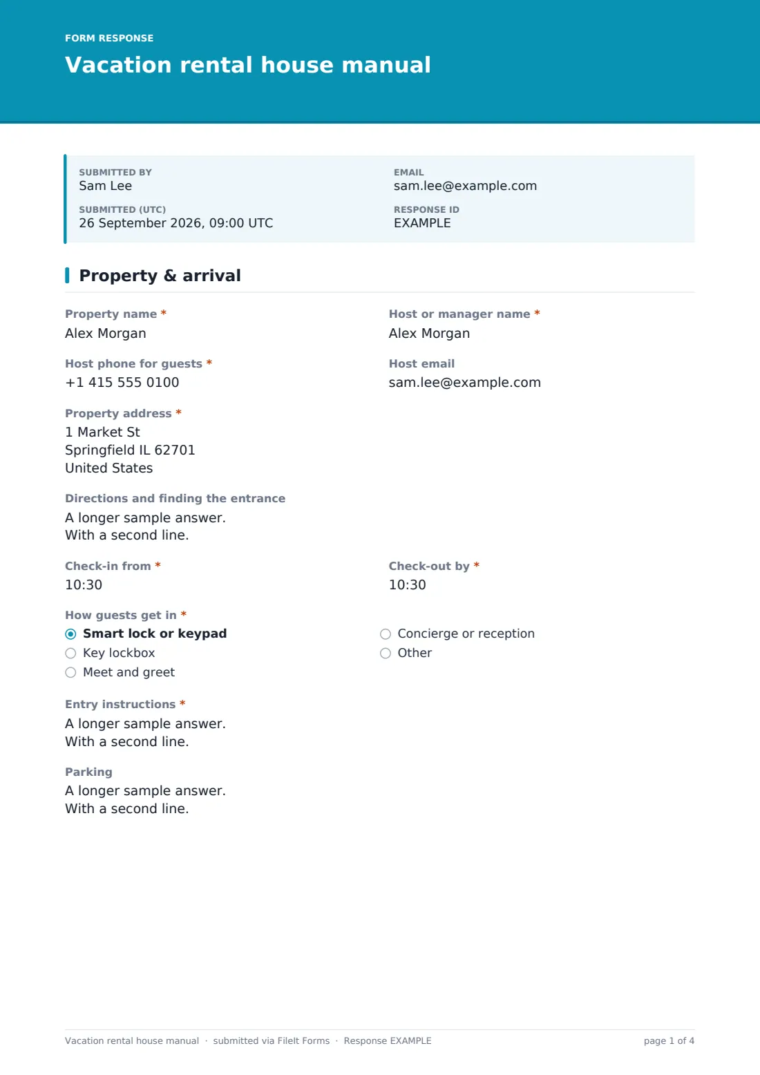 Vacation rental house manual — example response PDF, page 1 of 4