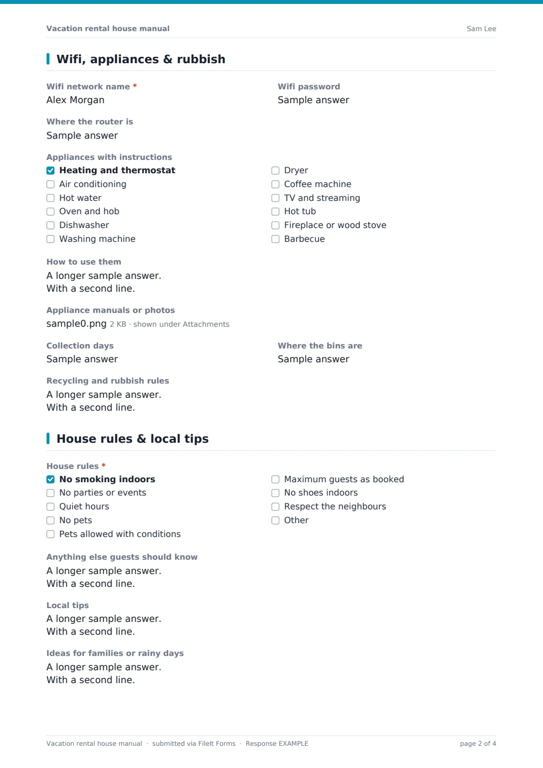 Vacation rental house manual — example response PDF, page 2 of 4