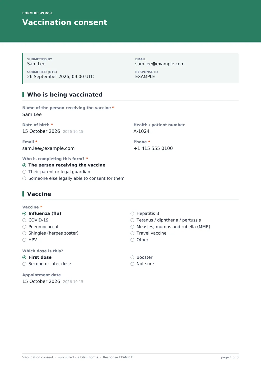 Vaccination consent — example response PDF, page 1 of 3