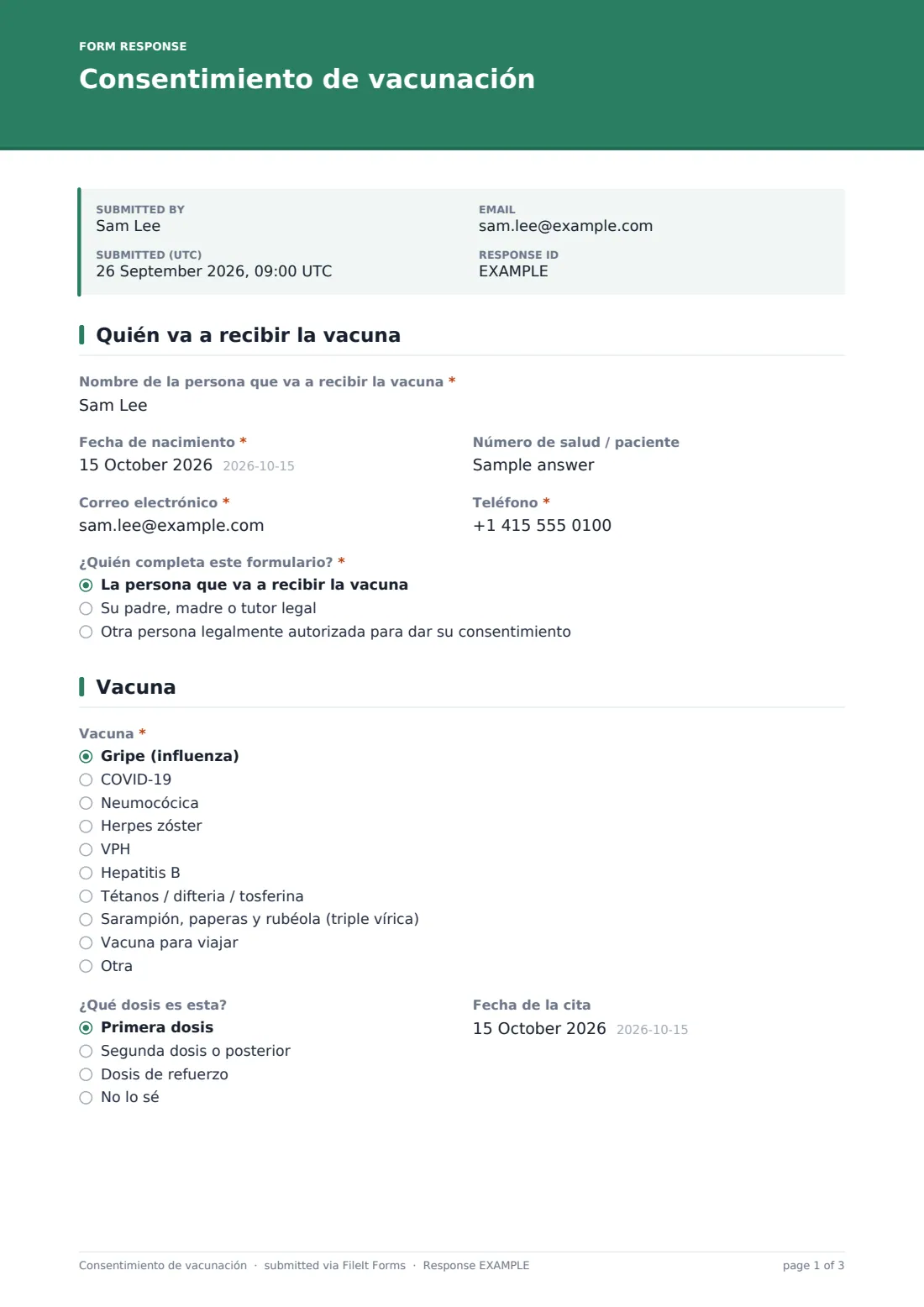 Consentimiento de vacunación — PDF de respuesta de ejemplo, página 1 de 3