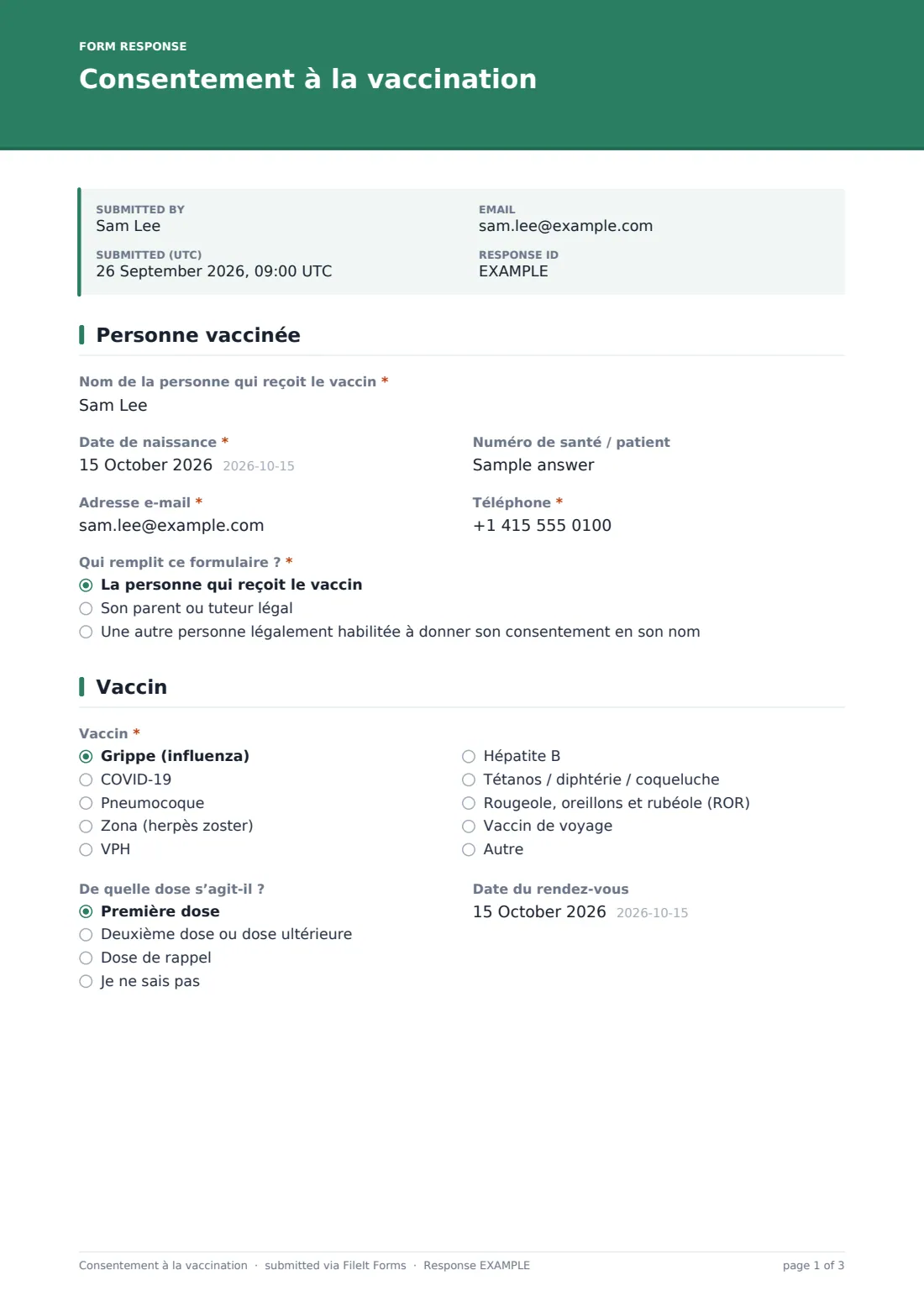 Consentement à la vaccination — exemple de réponse au format PDF, page 1 sur 3