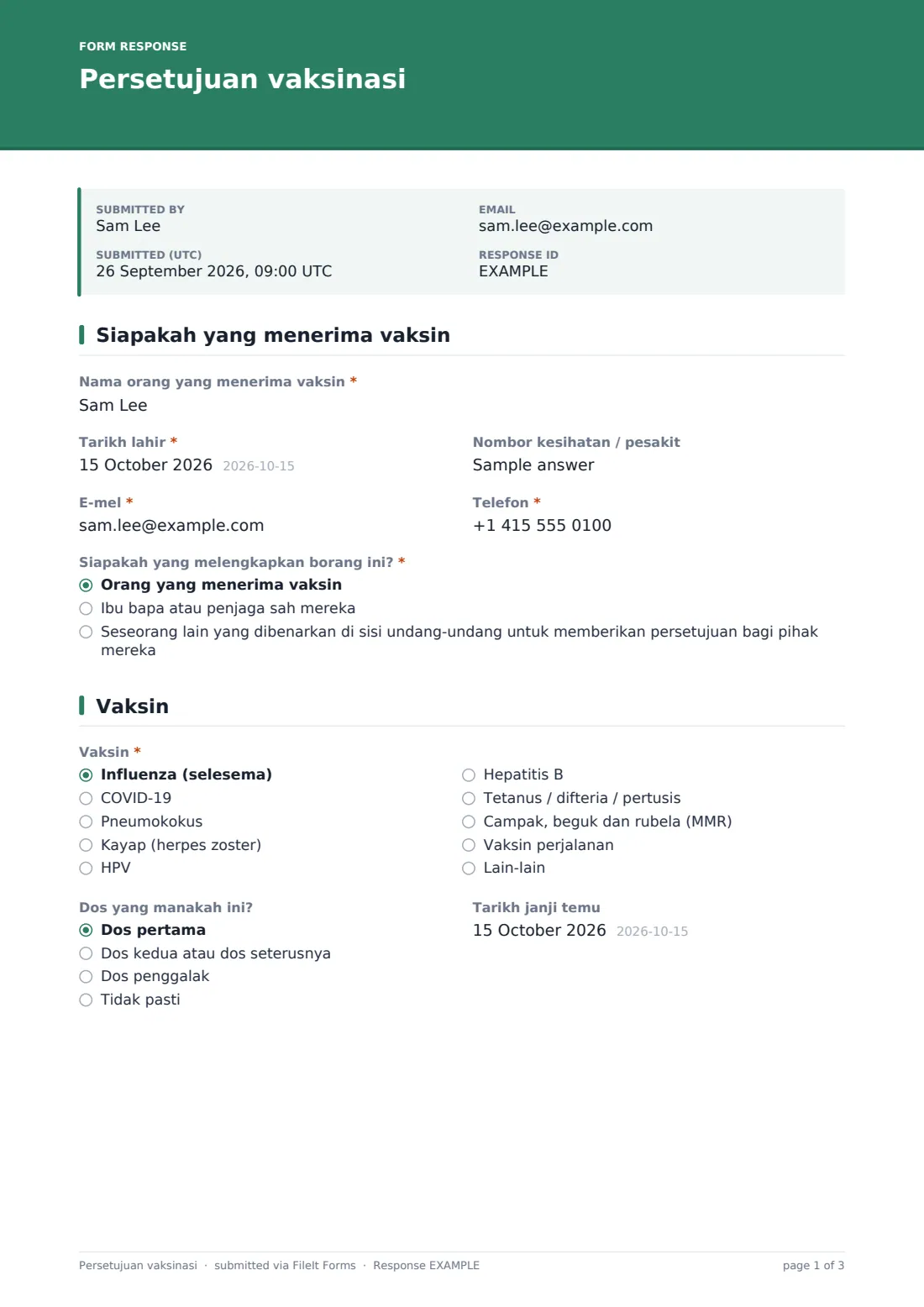 Persetujuan vaksinasi — PDF respons contoh, halaman 1 daripada 3