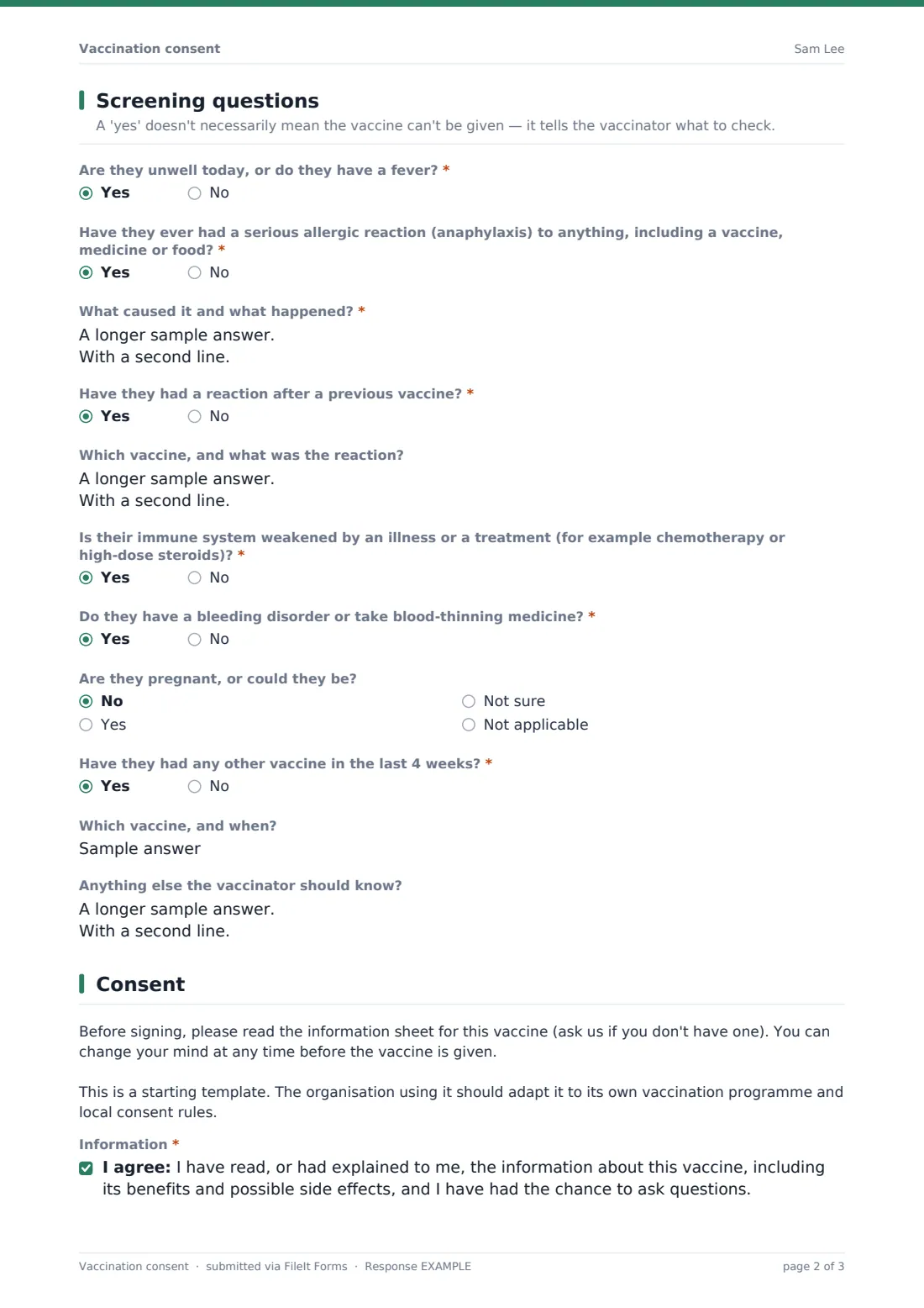 Vaccination consent — example response PDF, page 2 of 3