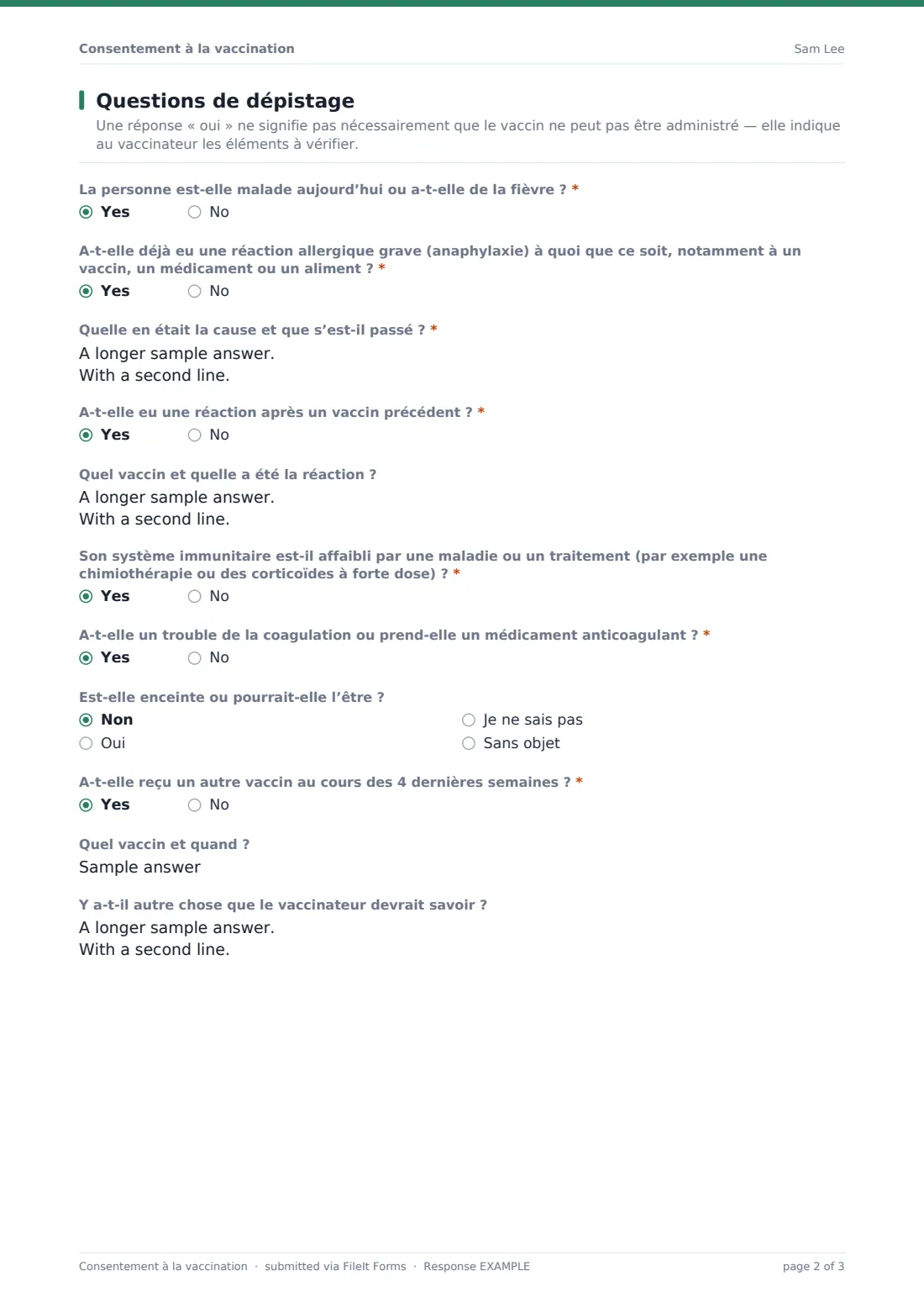 Consentement à la vaccination — exemple de réponse au format PDF, page 2 sur 3