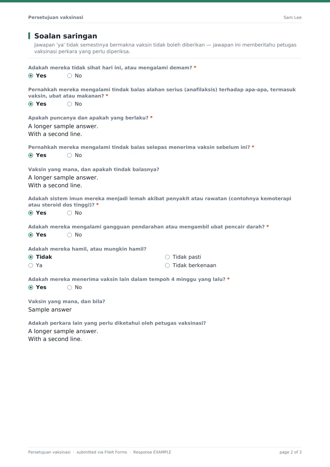 Persetujuan vaksinasi — PDF respons contoh, halaman 2 daripada 3