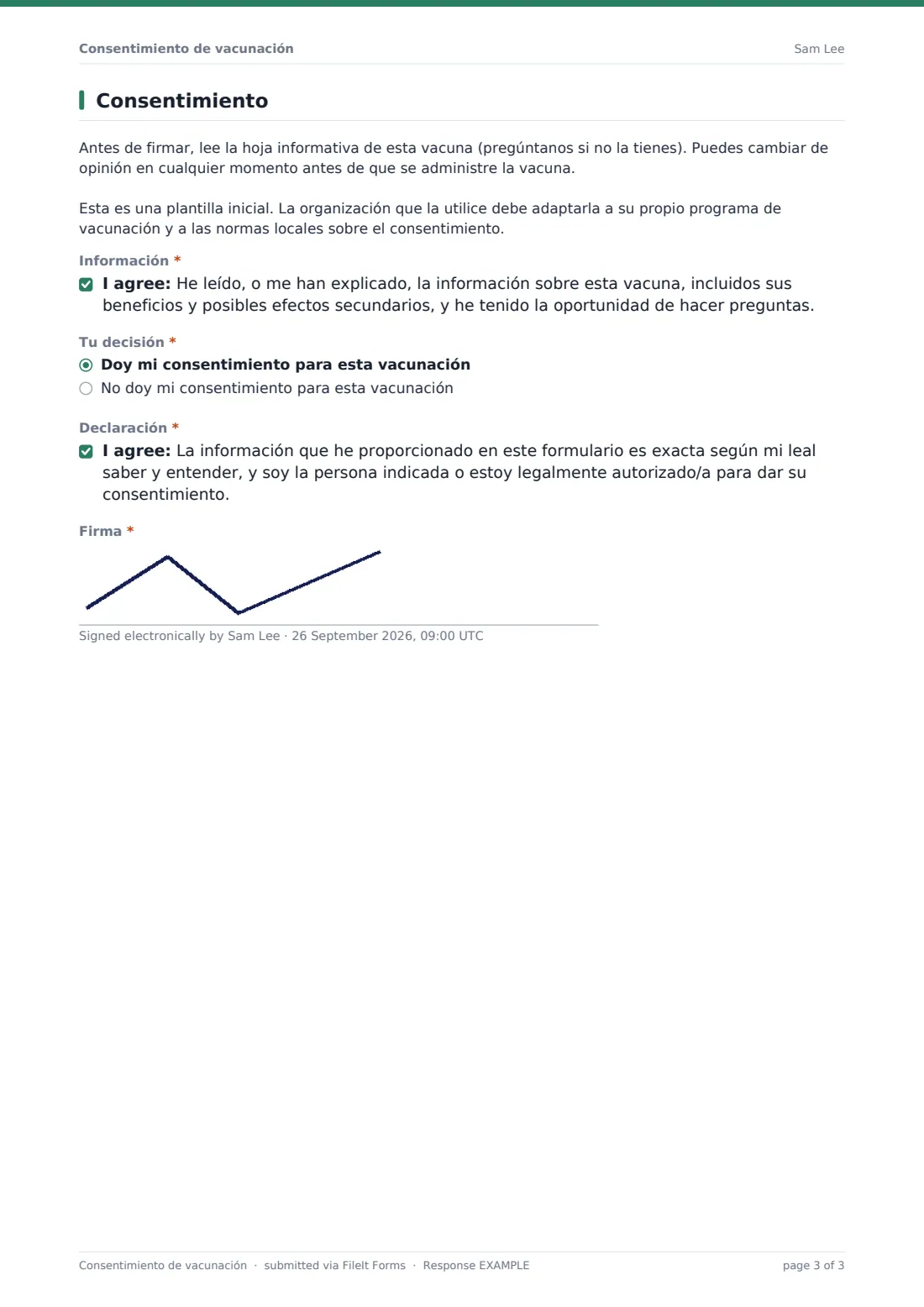 Consentimiento de vacunación — PDF de respuesta de ejemplo, página 3 de 3