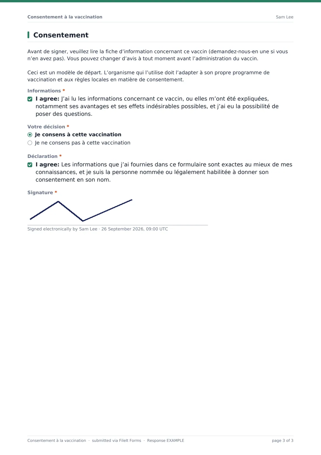 Consentement à la vaccination — exemple de réponse au format PDF, page 3 sur 3