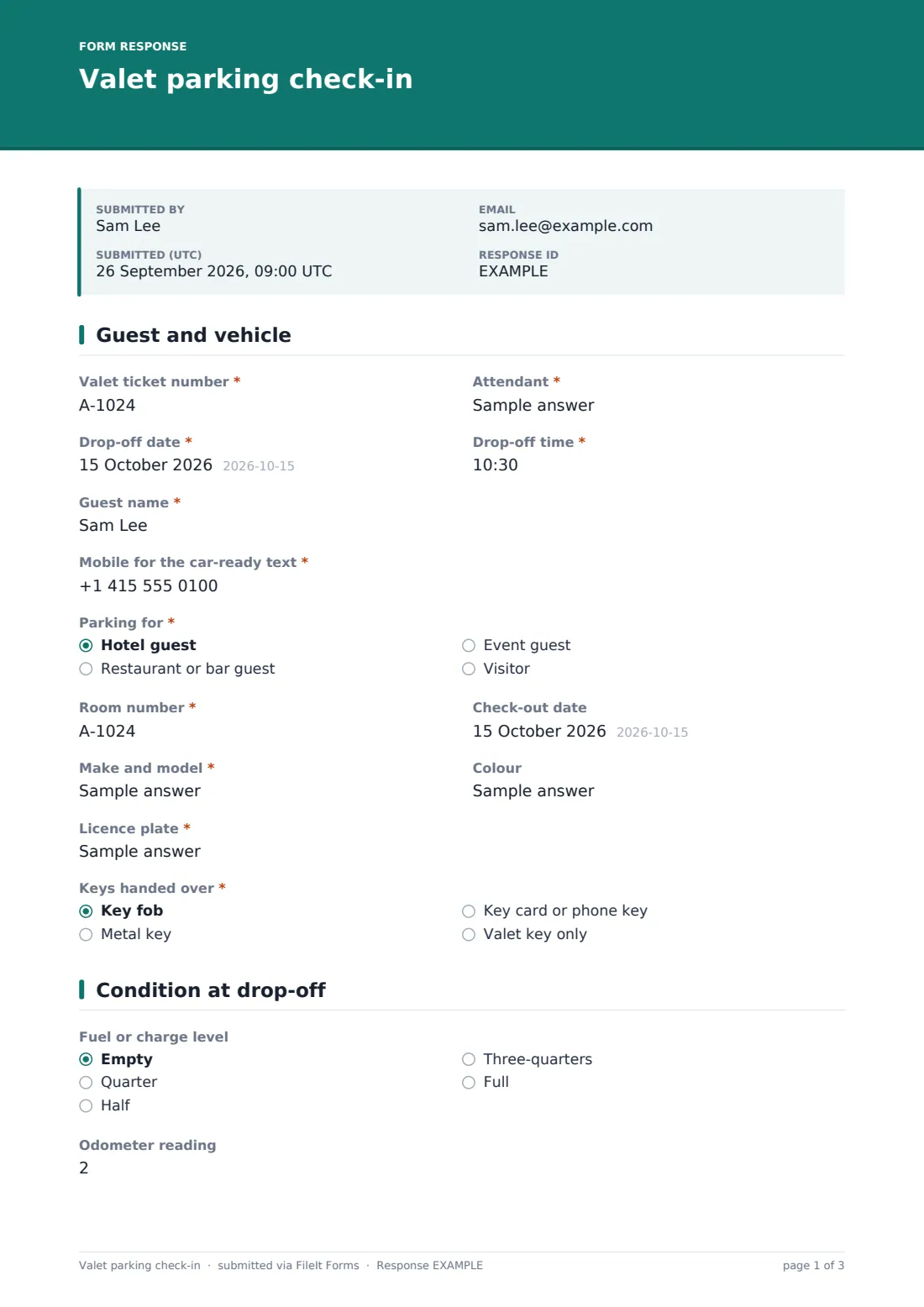 Valet parking check-in — example response PDF, page 1 of 3