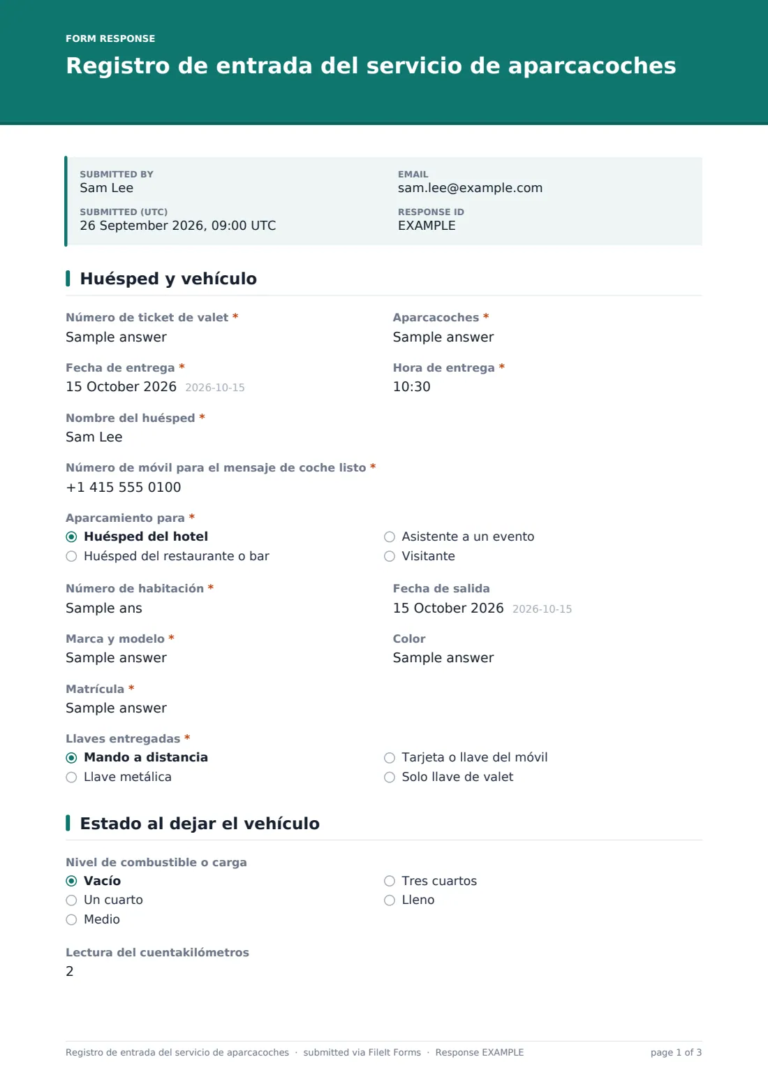 Registro de entrada del servicio de aparcacoches — PDF de respuesta de ejemplo, página 1 de 3