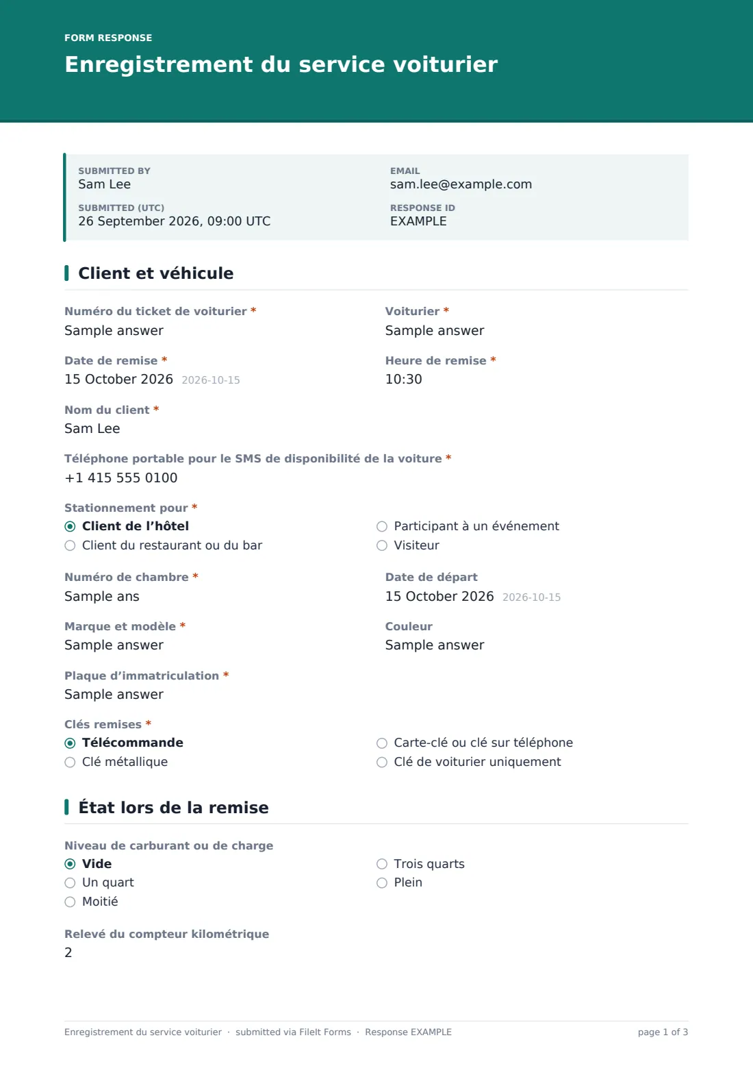 Enregistrement du service voiturier — exemple de réponse au format PDF, page 1 sur 3