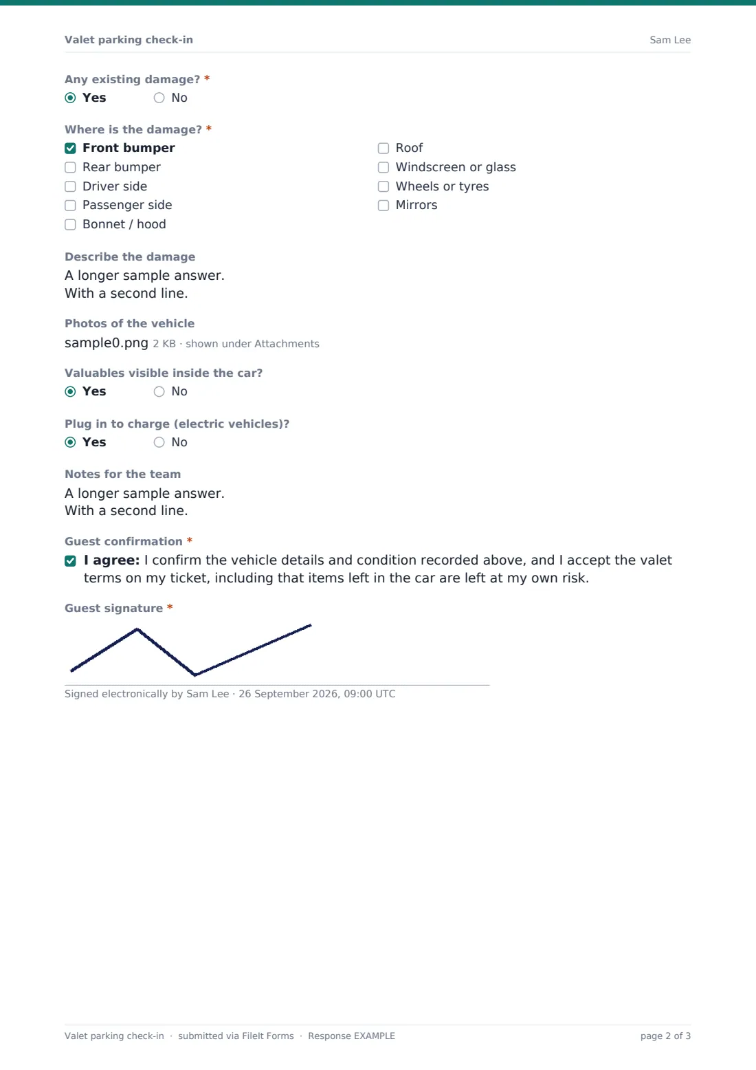 Valet parking check-in — example response PDF, page 2 of 3