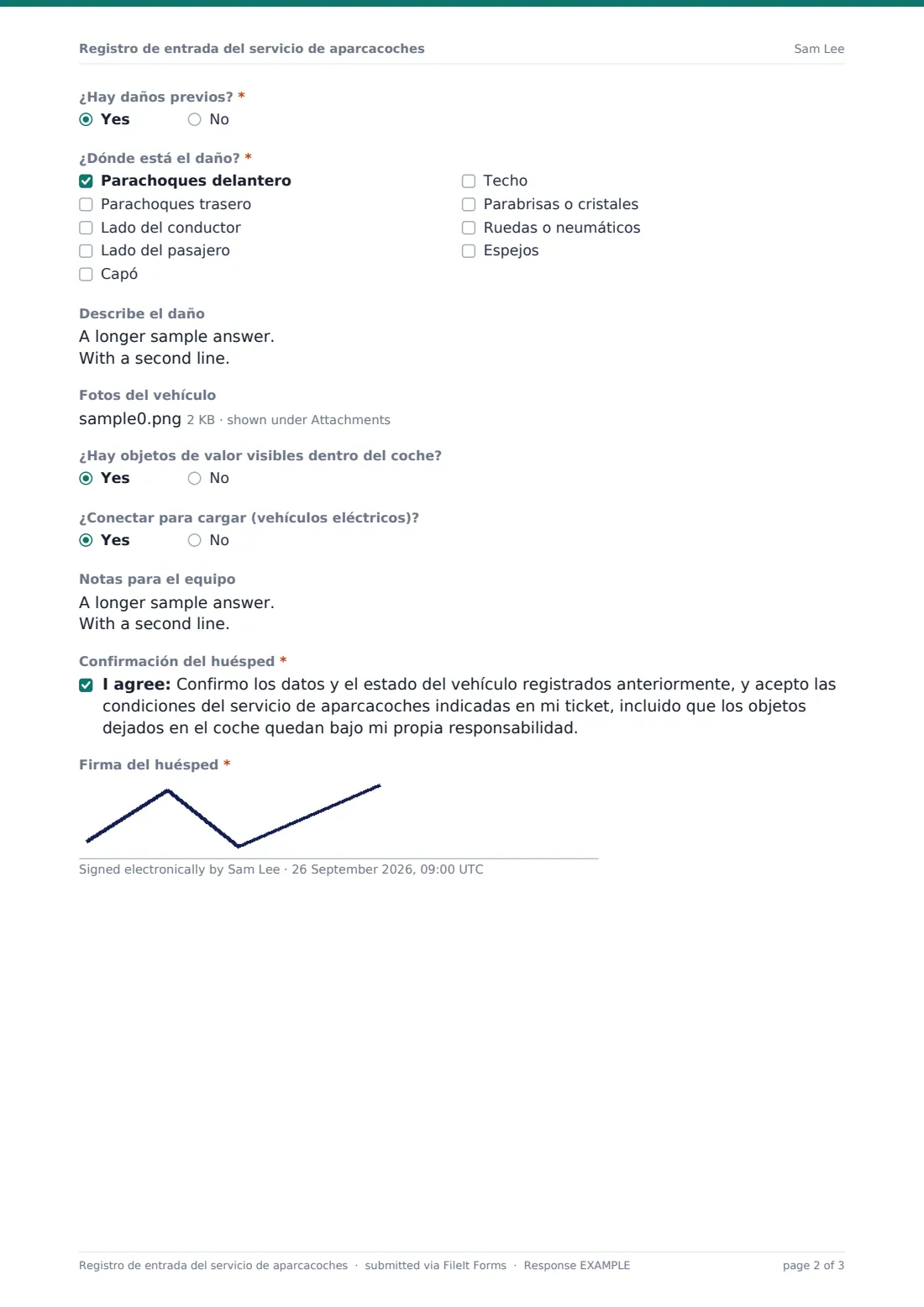 Registro de entrada del servicio de aparcacoches — PDF de respuesta de ejemplo, página 2 de 3