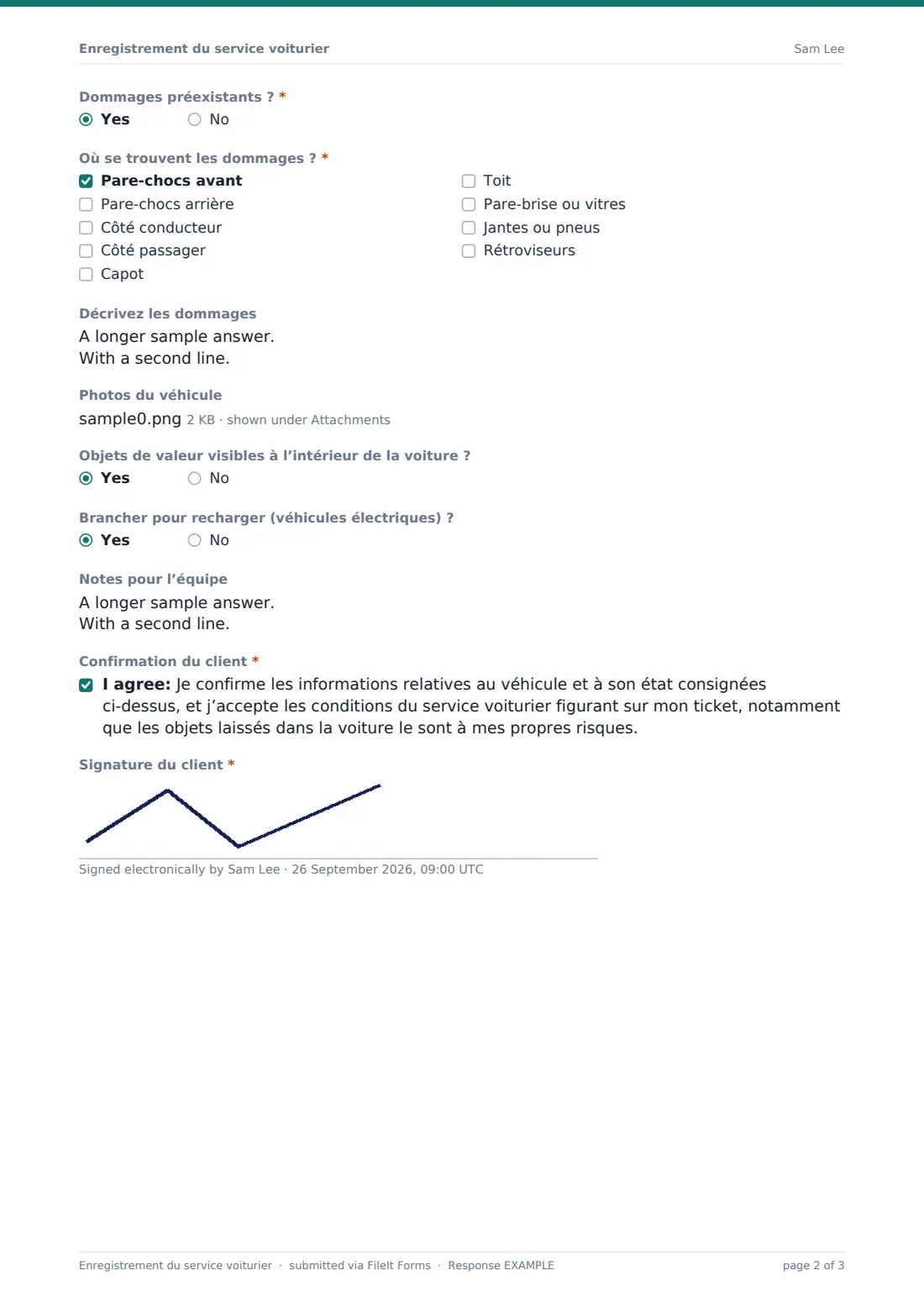 Enregistrement du service voiturier — exemple de réponse au format PDF, page 2 sur 3