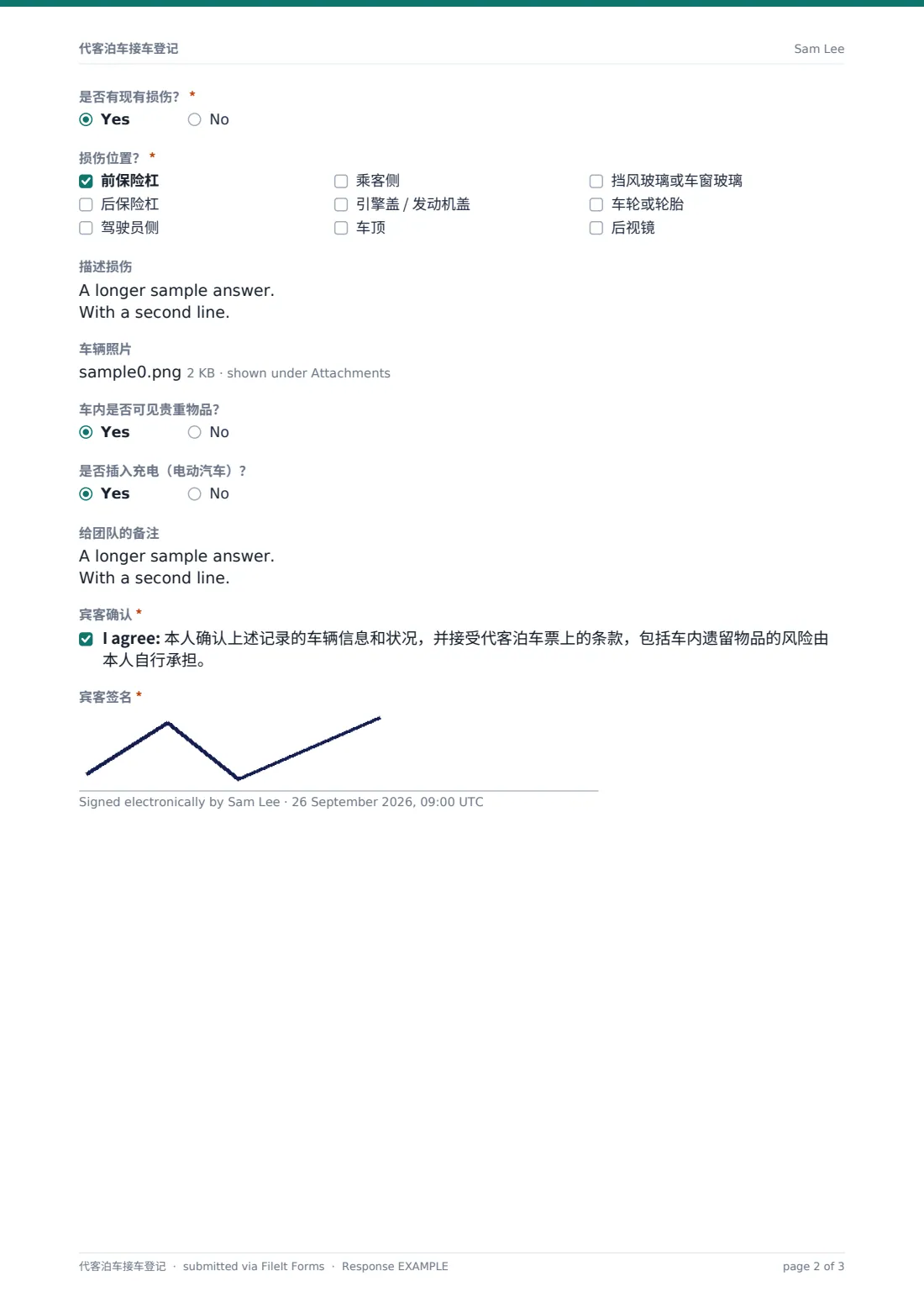 代客泊车接车登记 — 示例回复 PDF，第 2 页，共 3 页