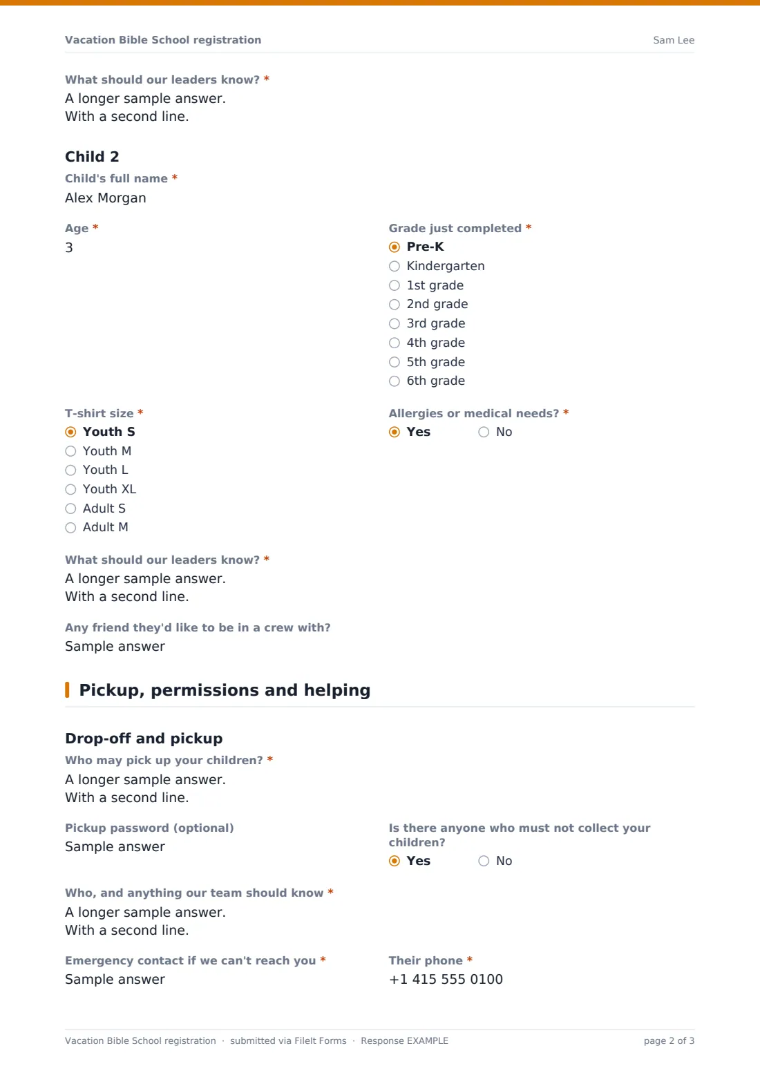 Vacation Bible School registration — example response PDF, page 2 of 3