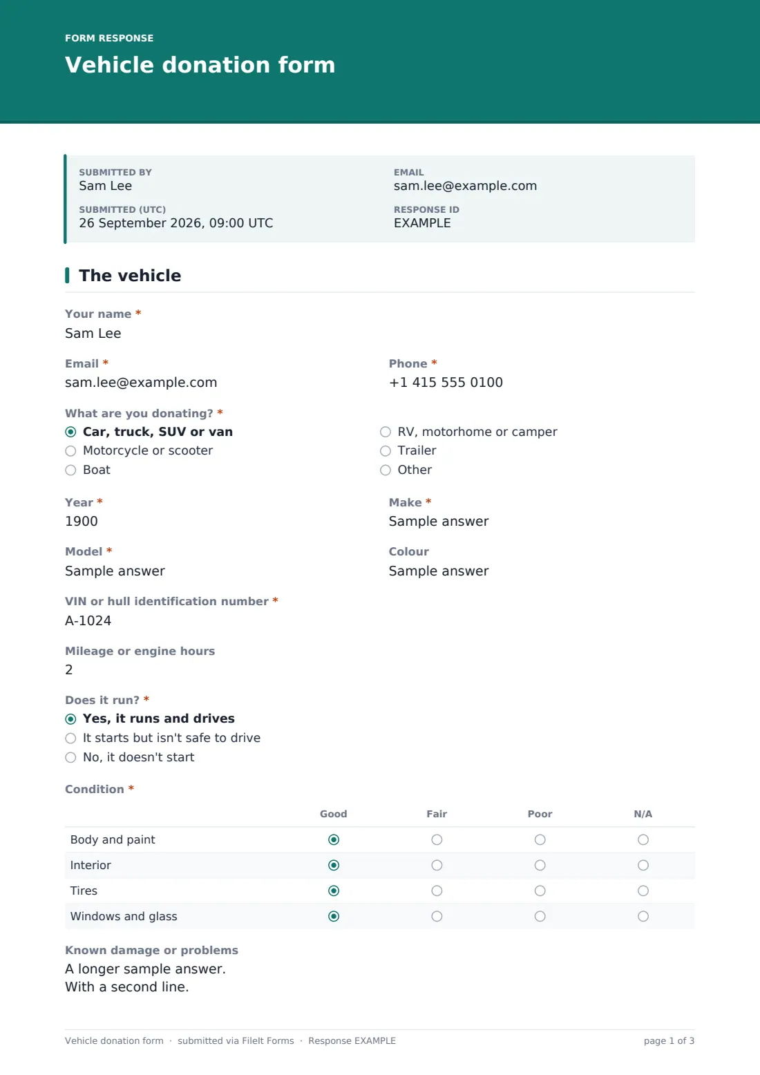 Vehicle donation form — example response PDF, page 1 of 3