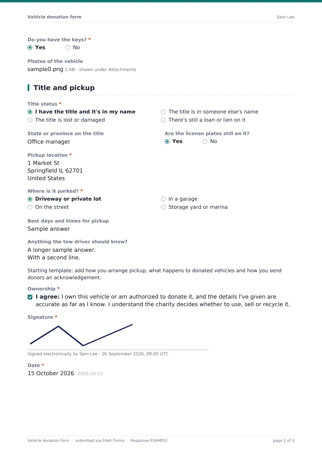 Vehicle donation form — example response PDF, page 2 of 3